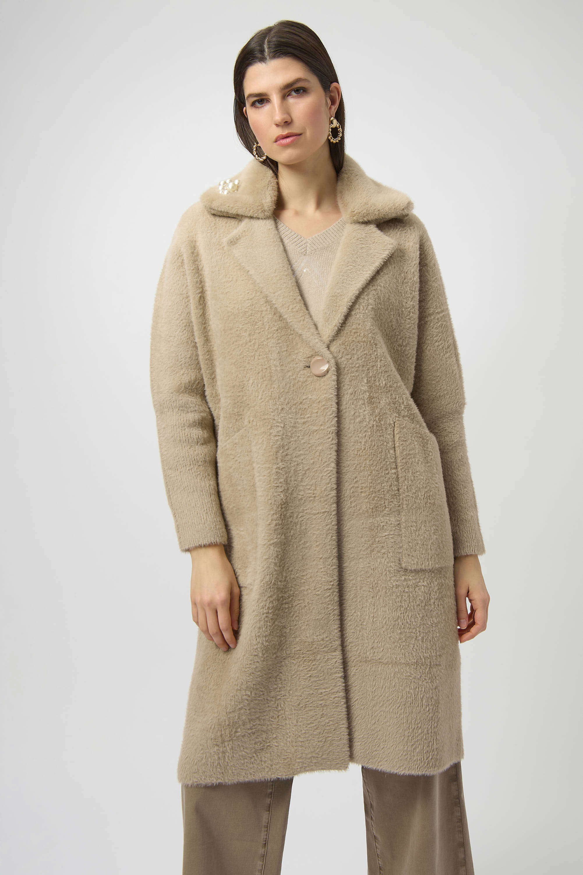 Pre- Order - Joseph Ribkoff Feather Yarn and Faux Fur Sweater Coat
254954 in Fawn