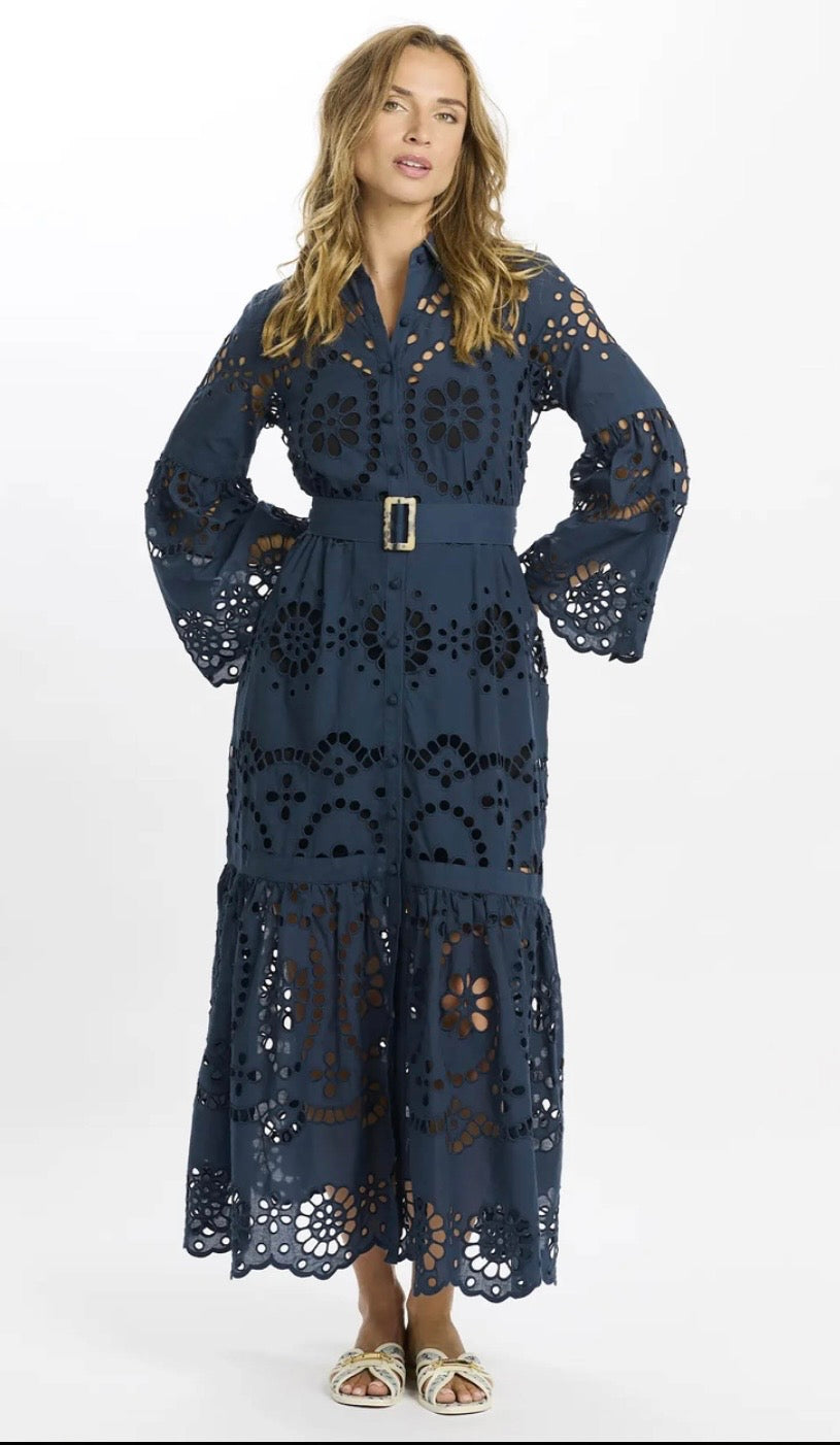 Miss June NS113 Dress Aurelia – Long Sleeve Cotton Lace Dress with Belt & Inner (Navy)
