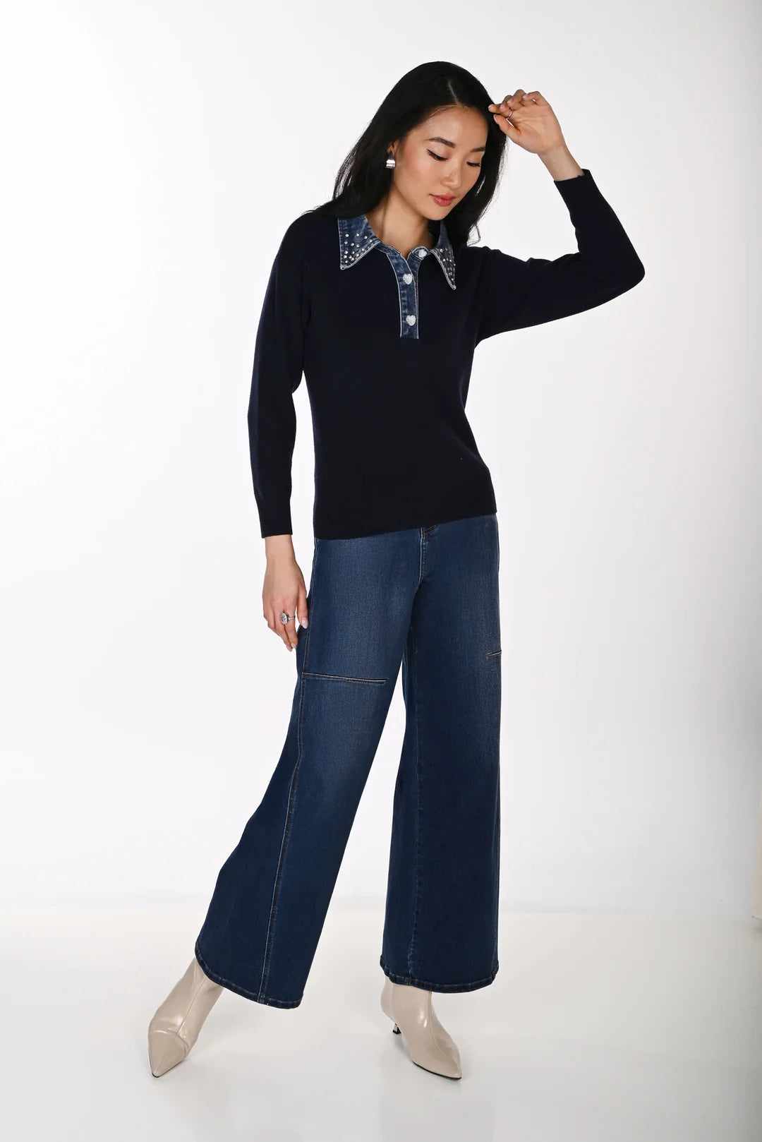 Frank Lyman Sweater with Embellished Denim Collar Style 264851