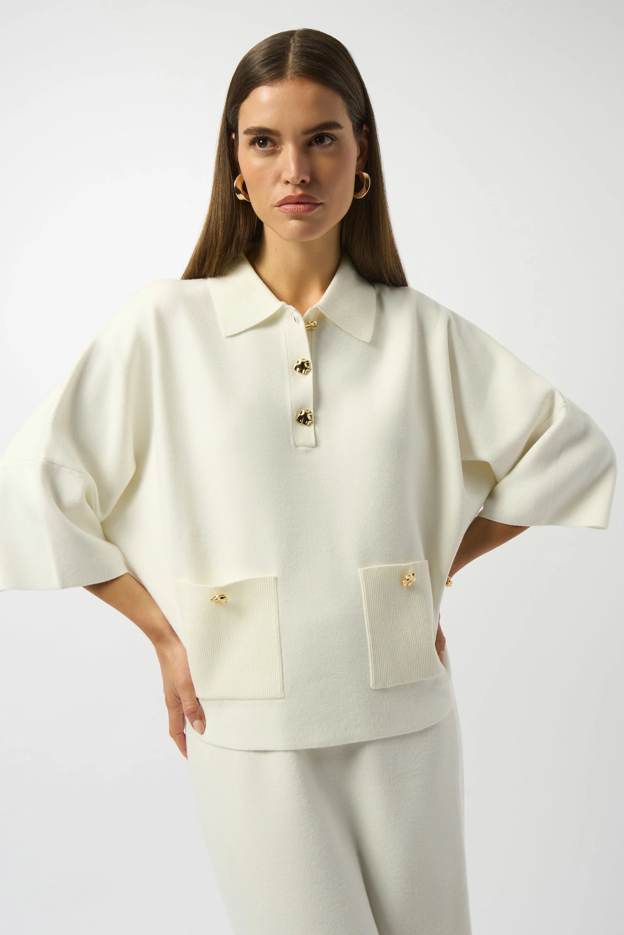 Pre-order -Joseph Ribkoff Sweater Knit Boxy Pullover With Polo Collar
253962 in Winter White