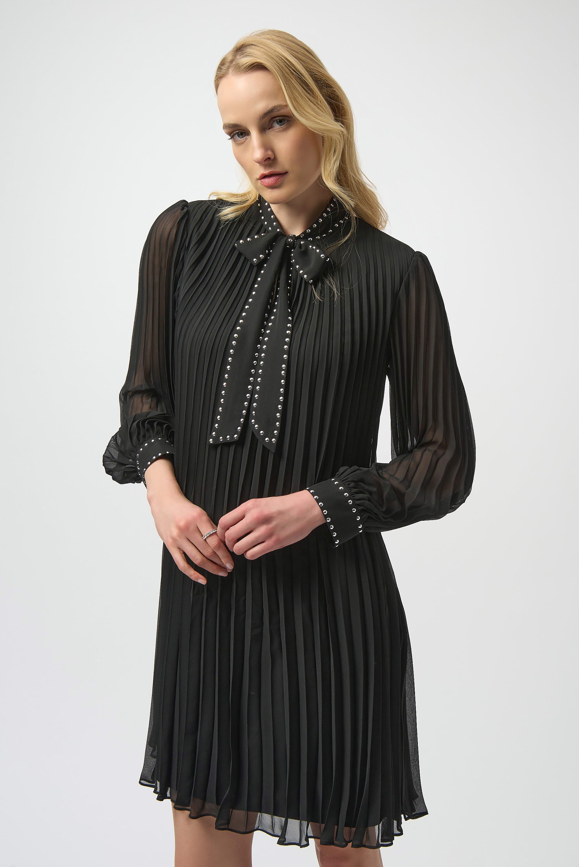 Pre-order - Joseph Ribkoff Pleated Chiffon Aline Dress with Neck Tie
254902 in Black