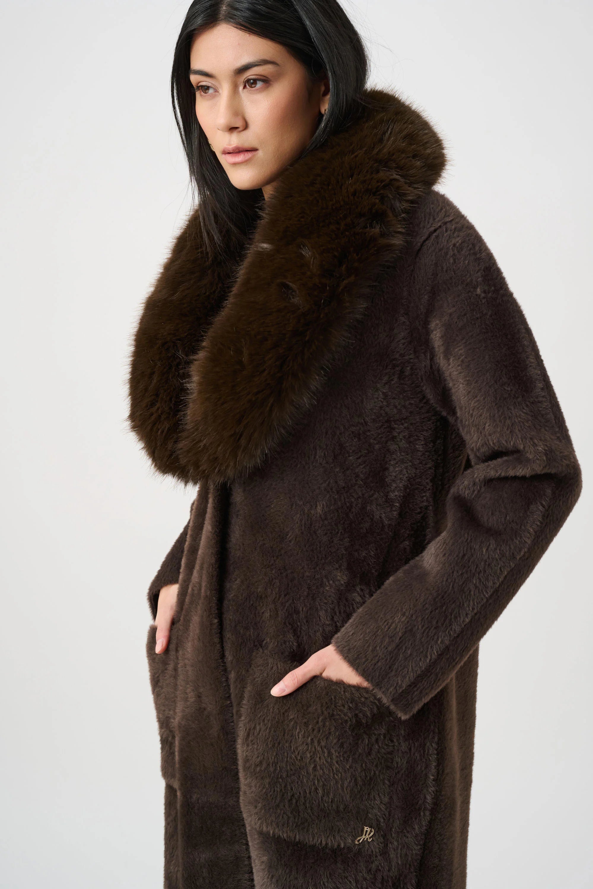 Joseph Ribkoff Feather Yarn Coat With Detachable Faux Fur Collar
263973 Mocha