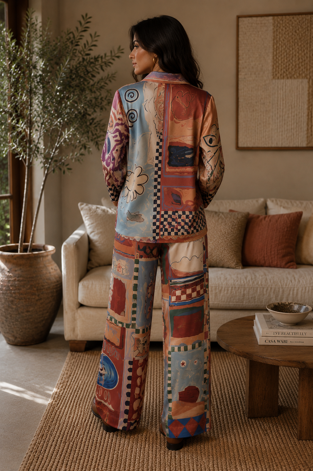 Azaka Silky Abstract Print Co-Ord Set – Terracotta Multi | S/M
