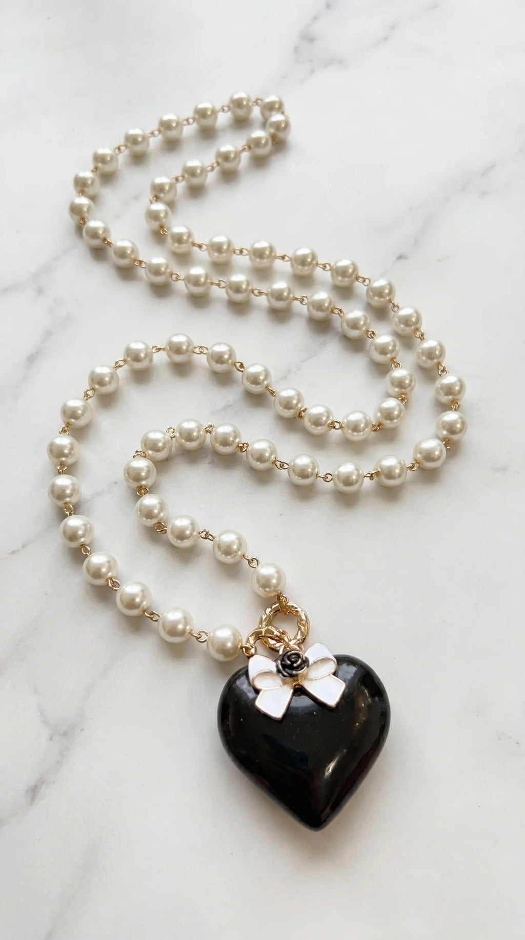 Envy Long Pearl Necklace with Black Heart Pendant – Style 537/N/T