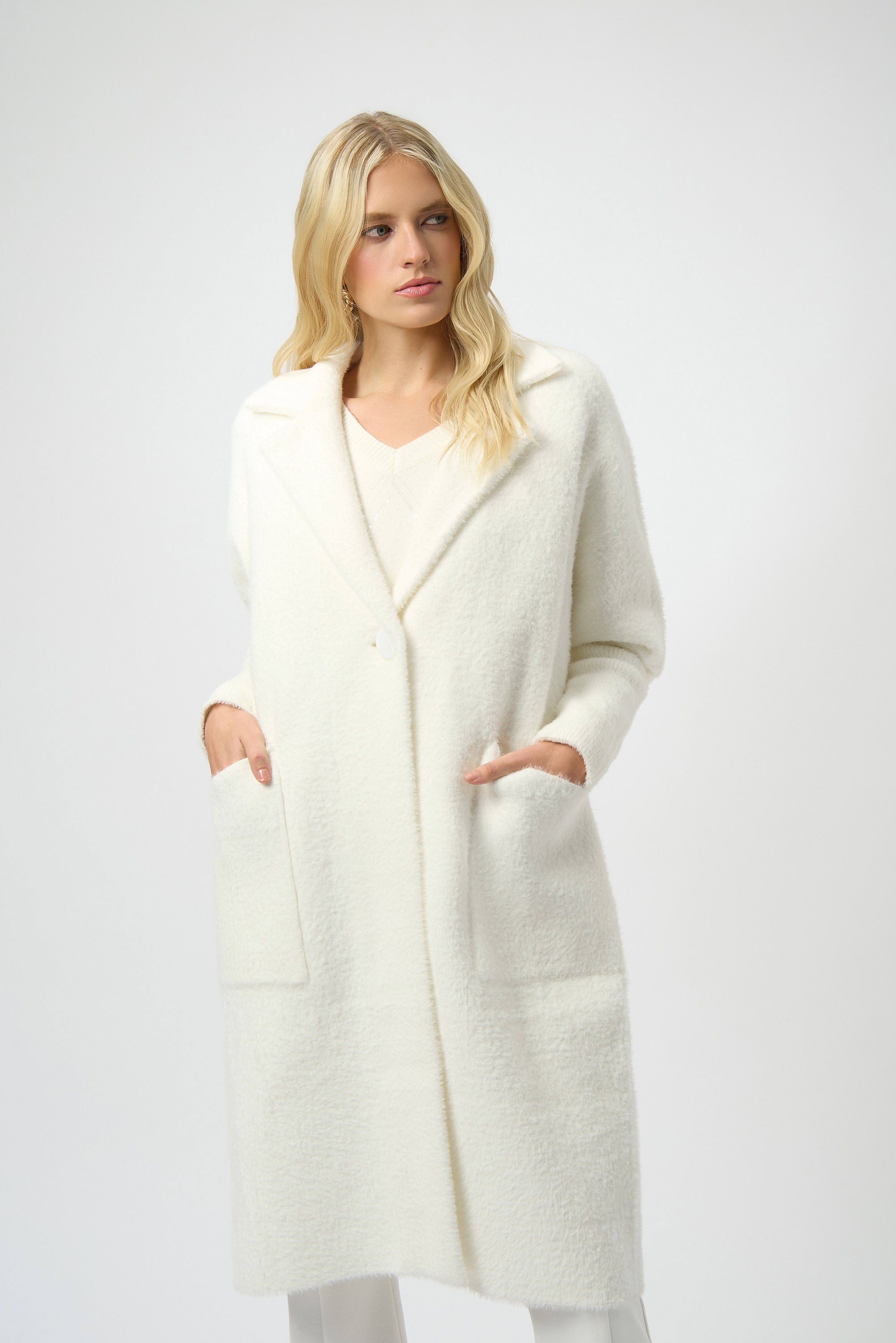 Pre- Order - Joseph Ribkoff Feather Yarn and Faux Fur Sweater Coat
254954 in Winter White