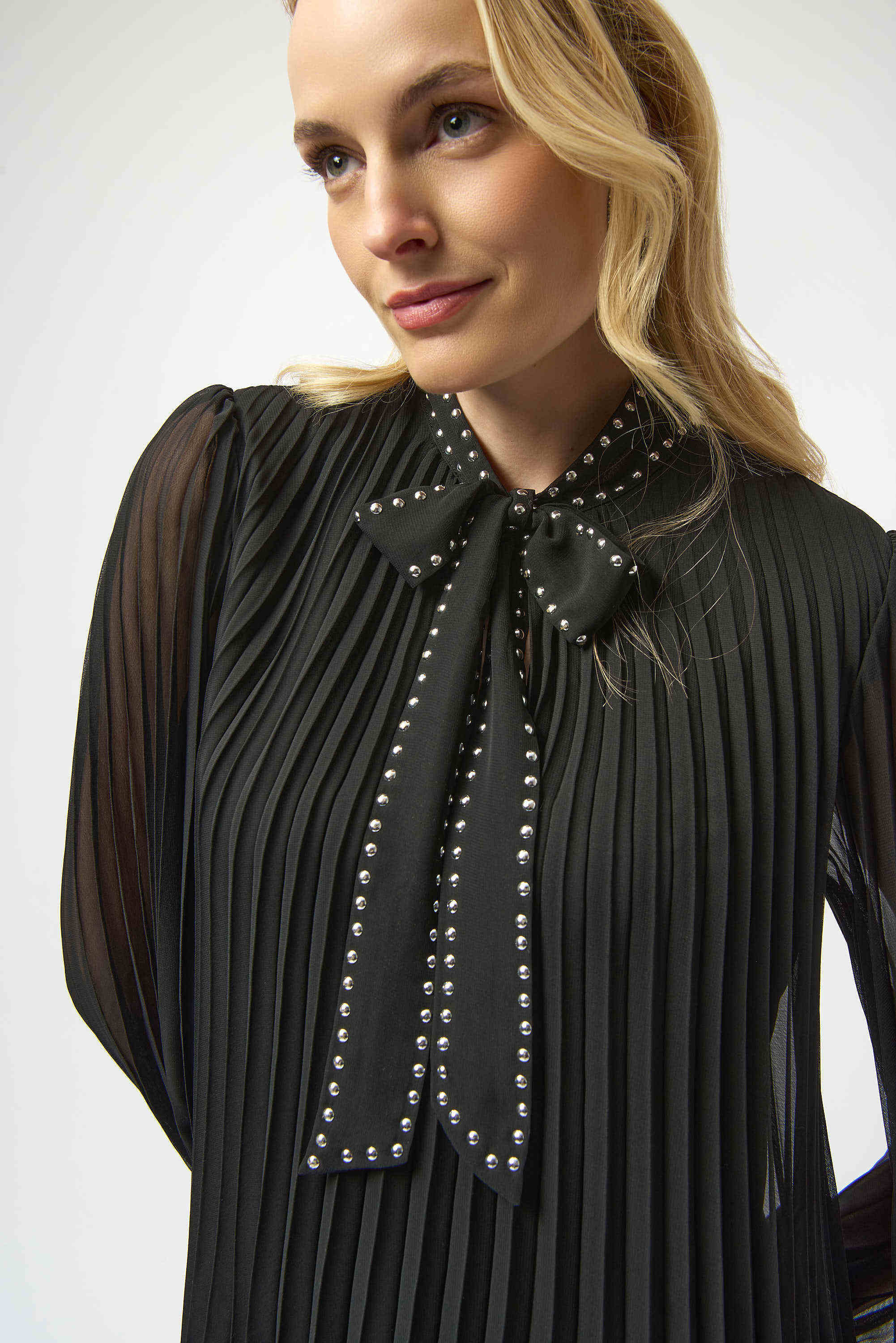 Pre-order - Joseph Ribkoff Pleated Chiffon Aline Dress with Neck Tie
254902 in Black