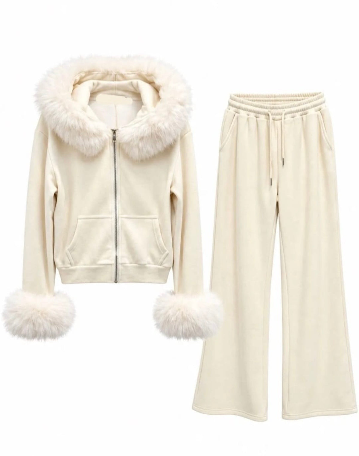 Flam Mode Luxury Two-Piece Set with Detachable Faux Fur – Cream