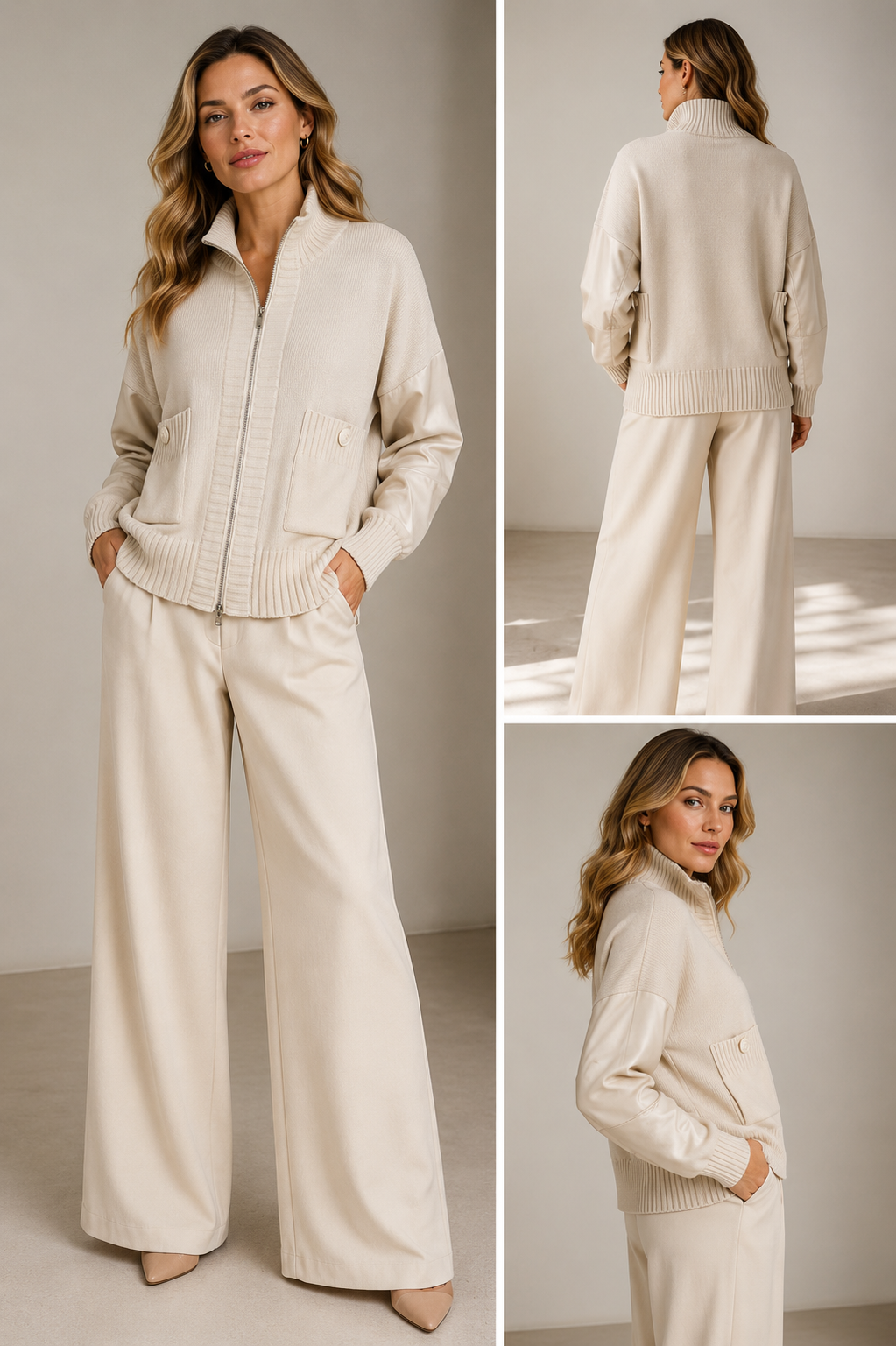 Tricot Chic Ivory Zip Bomber Jacket – Made in Italy Style Z717