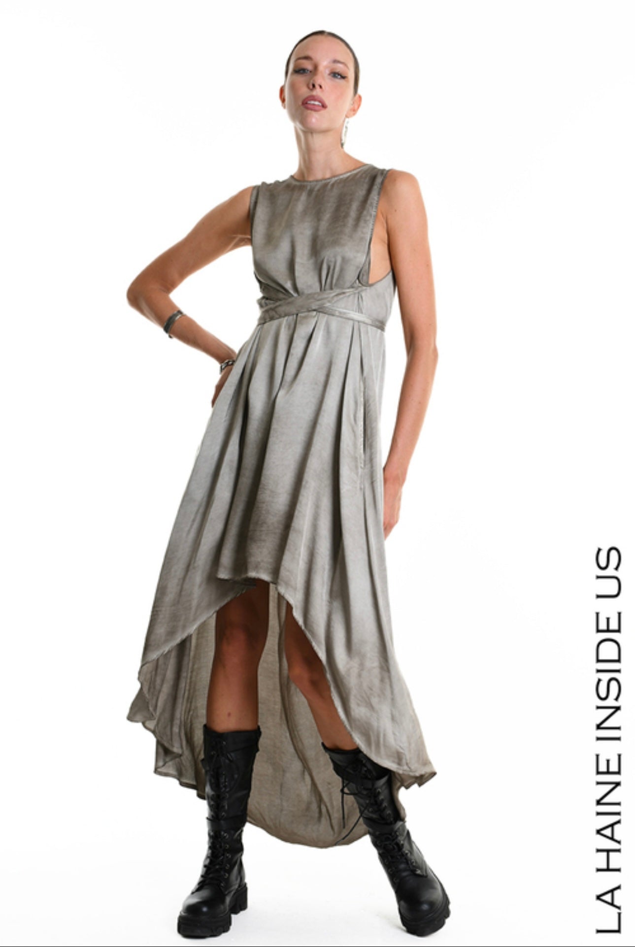 La Haine Inside Us - W5276 Dress Asymmetrical Silk Viscose Dyed Cold Mud