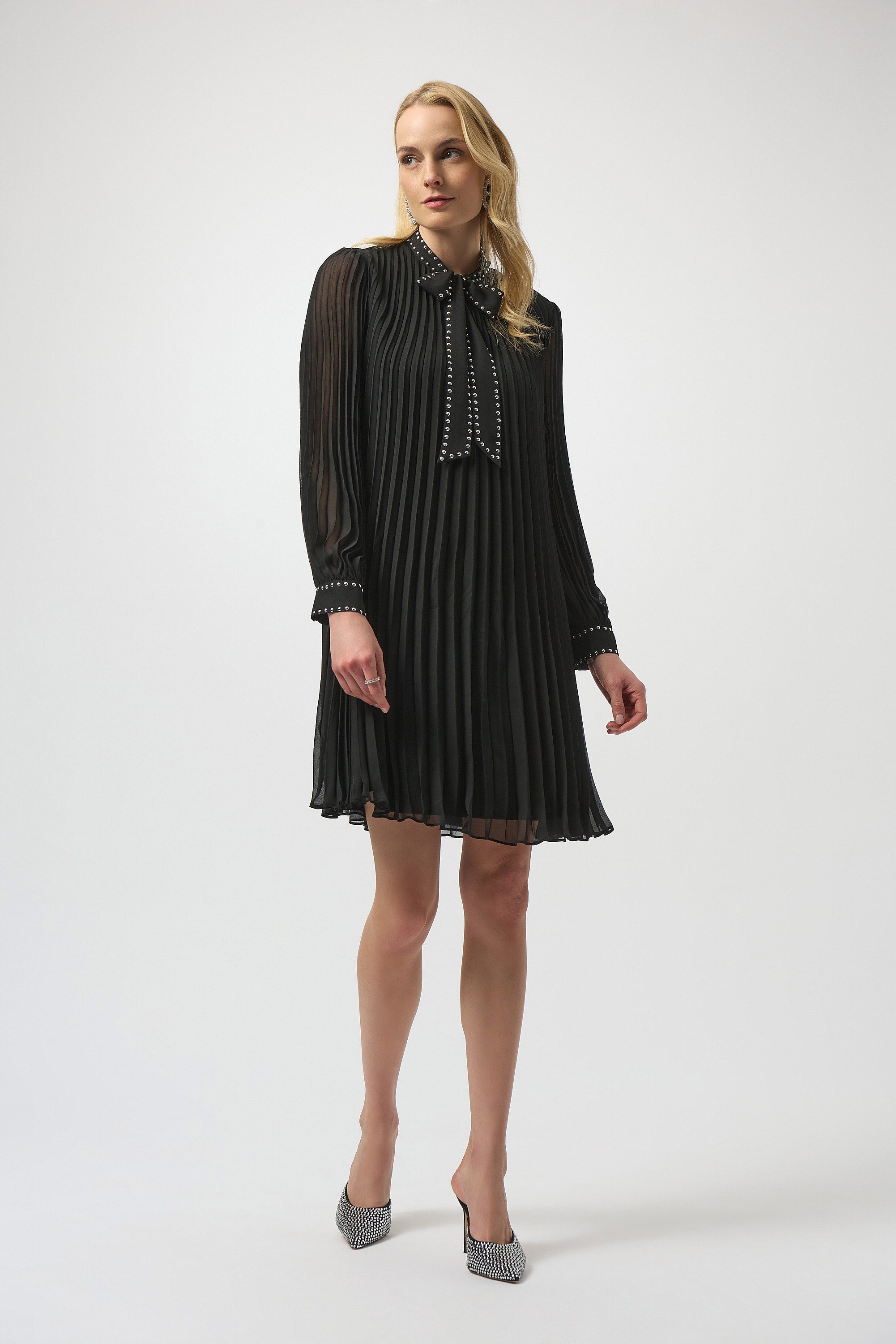 Pre-order - Joseph Ribkoff Pleated Chiffon Aline Dress with Neck Tie
254902 in Black