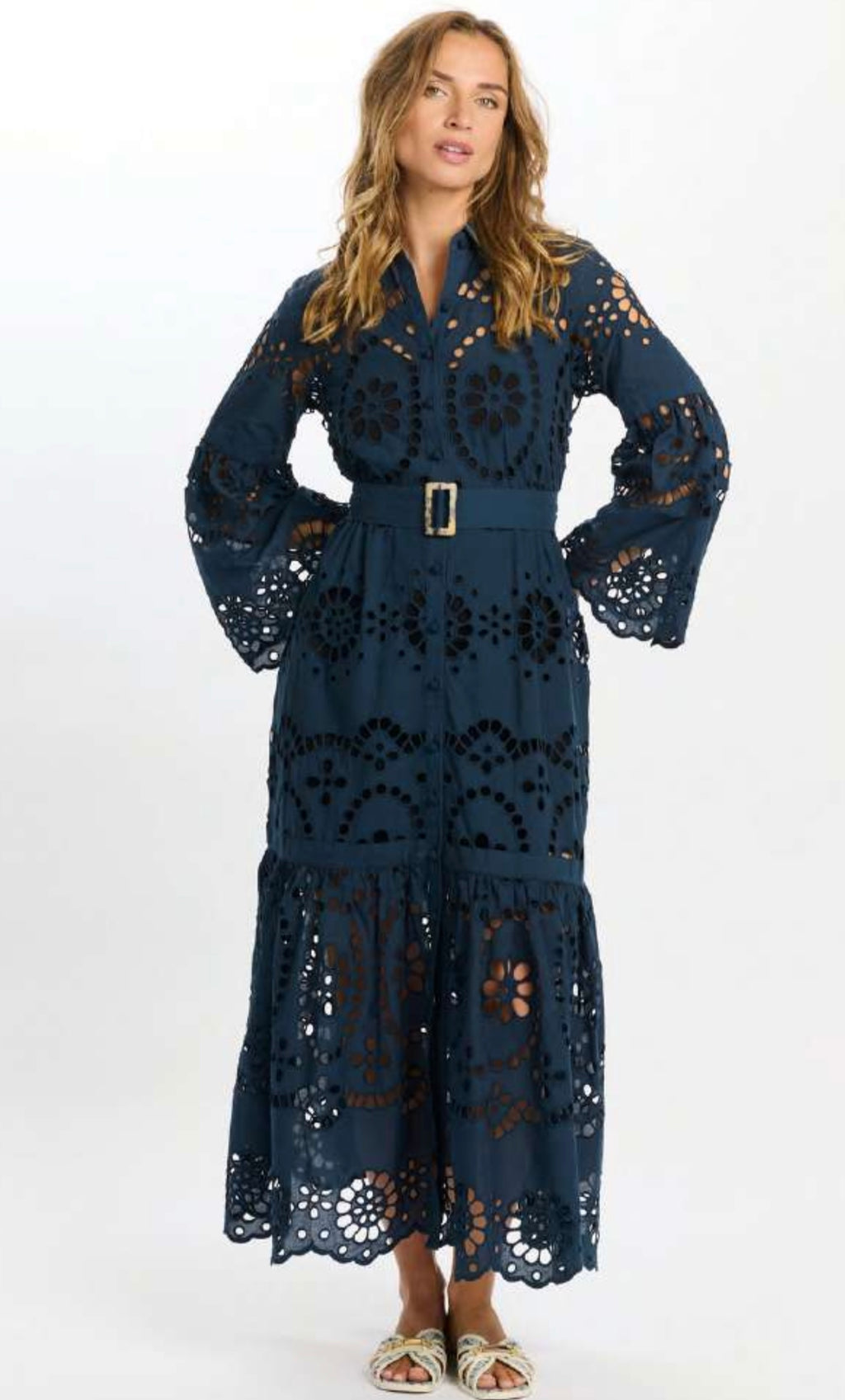 Miss June NS113 Dress Aurelia – Long Sleeve Cotton Lace Dress with Belt & Inner (Navy)