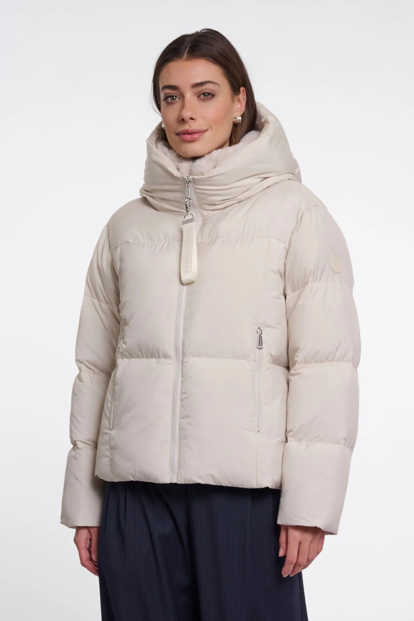 Rino & Pelle Joni Puffa Jacket With Detachable Faux Fur Collar in Birch
