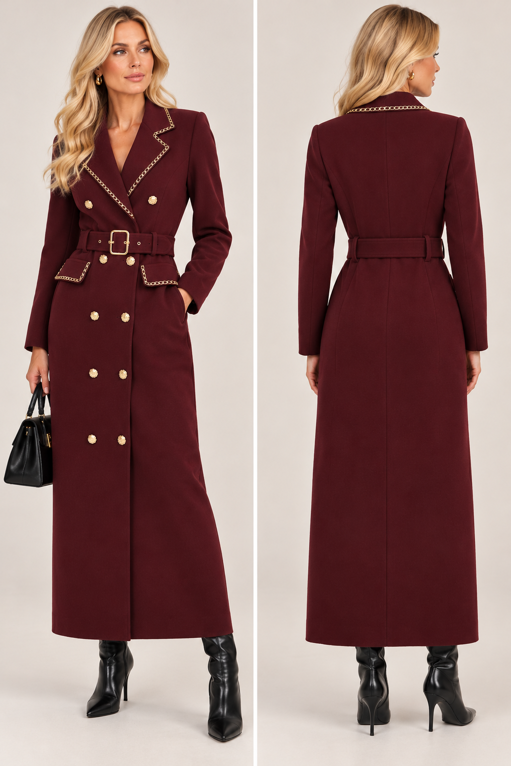 Luxury Gold Detail Belted Maxi Coat Dress – Black, Burgundy & Chocolate
