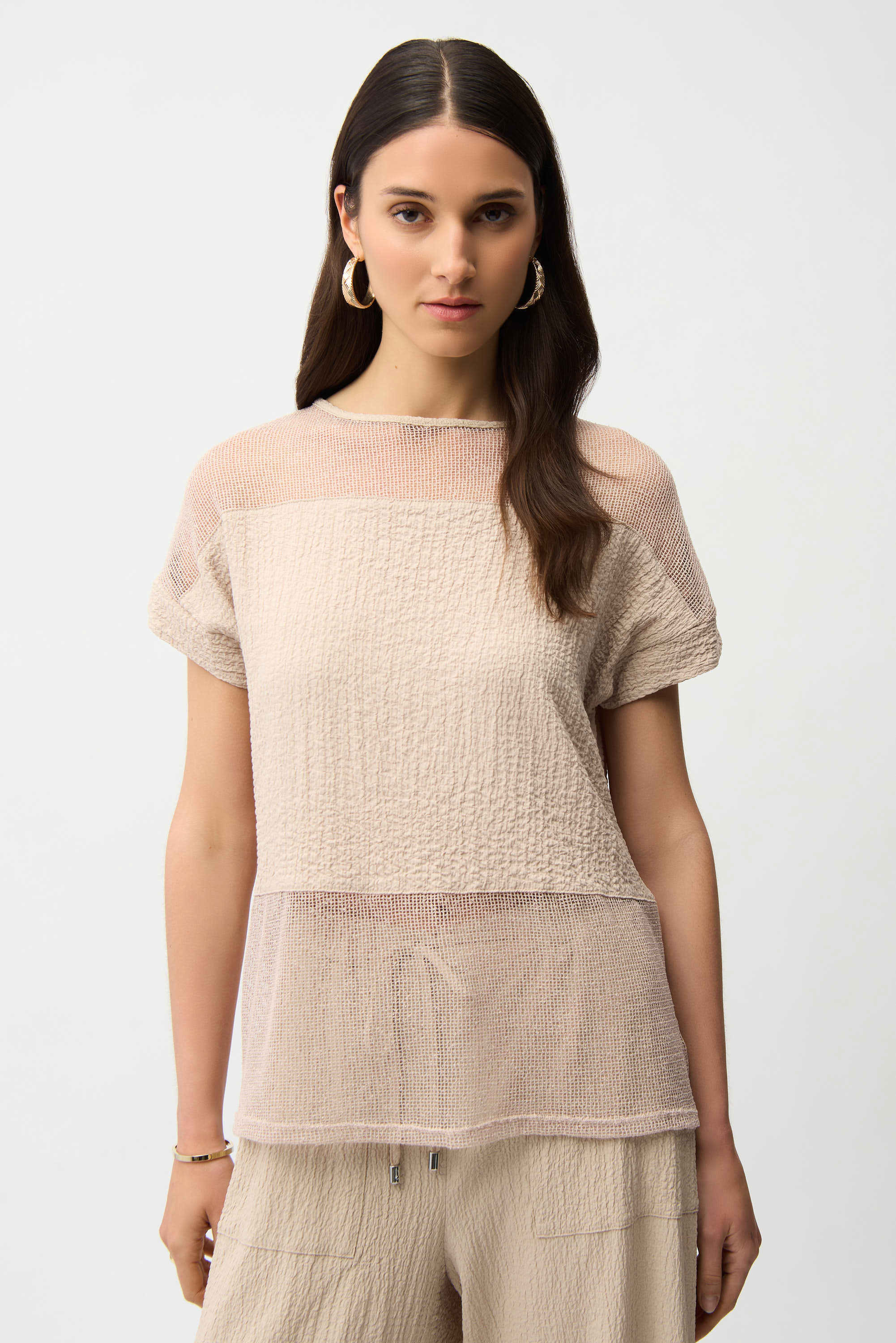 Joseph Ribkoff Seersucker and Mesh Boxy Top With Boat Neckline
261247