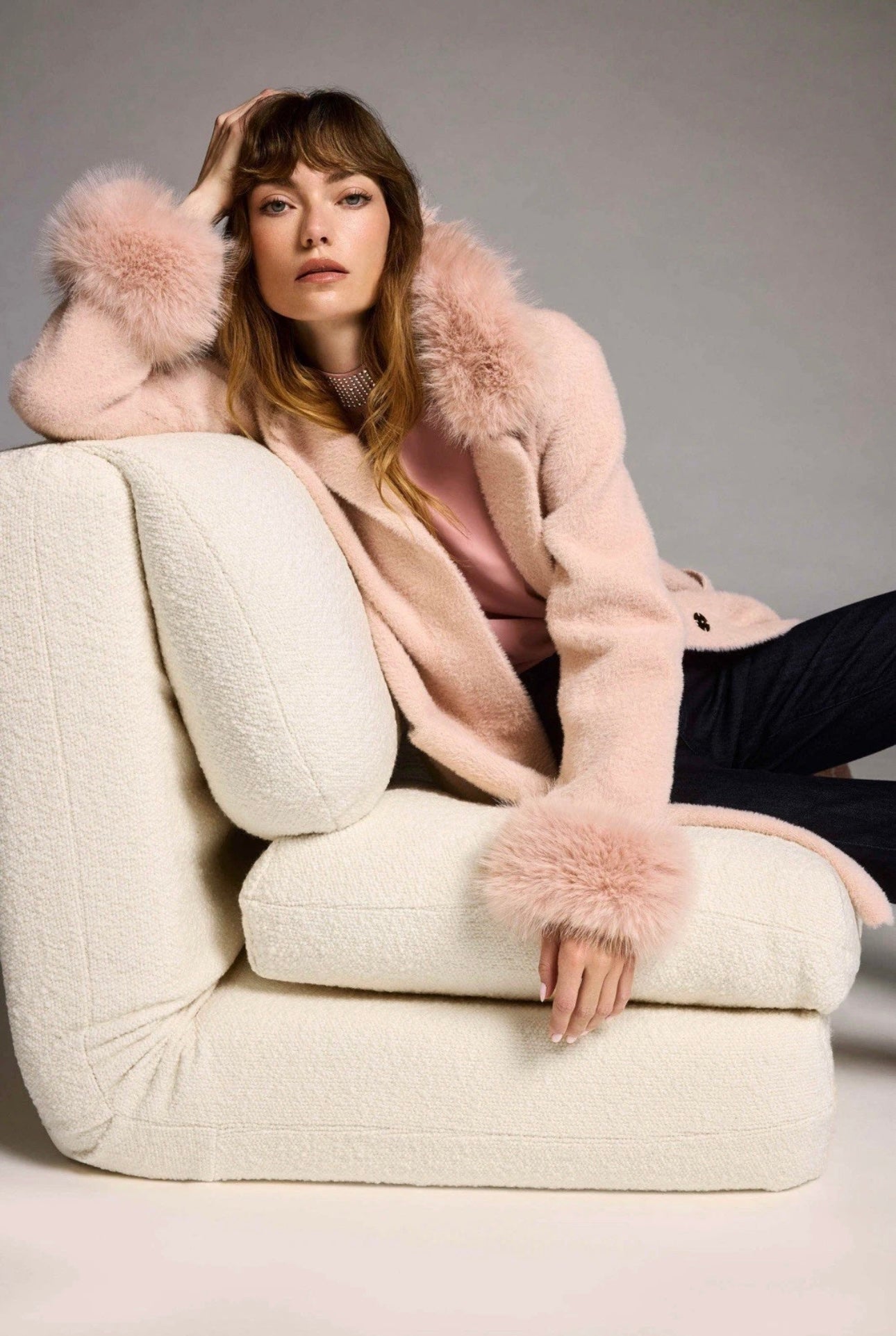 Joseph Ribkoff Feather Yarn and Faux Fur Sweater Coat
243923F25 in Rose