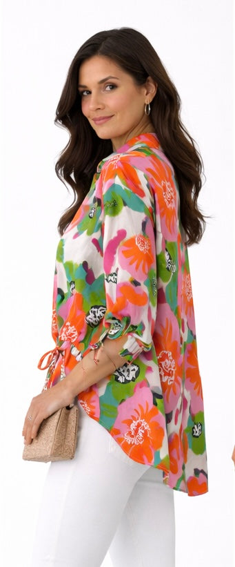 Malissa J Tropical Flower Drawstring Hem Shirt - One Size