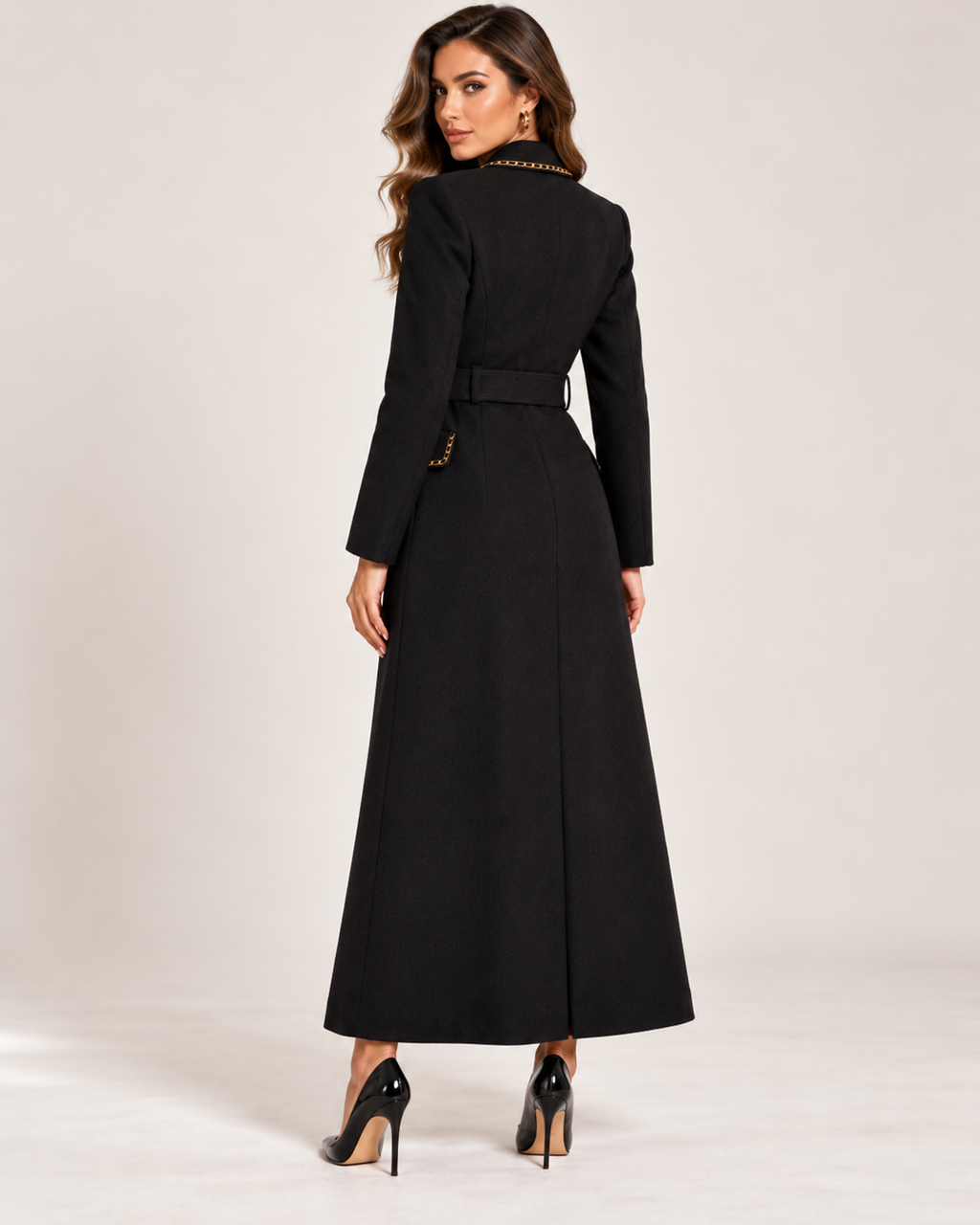 Luxury Gold Detail Belted Maxi Coat Dress – Black, Burgundy & Chocolate