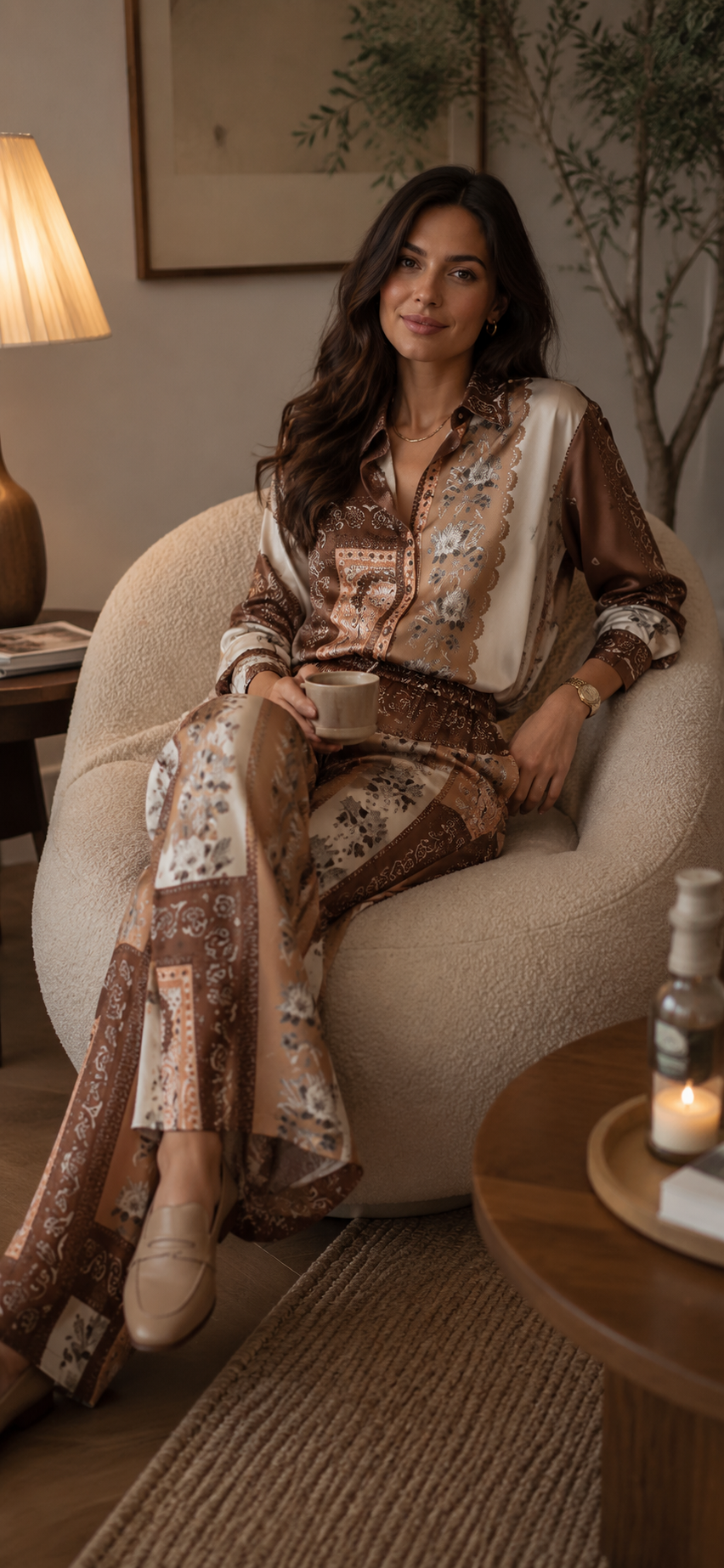 Azaka Silky Printed Co-Ord Set – Brown Multi | S/M