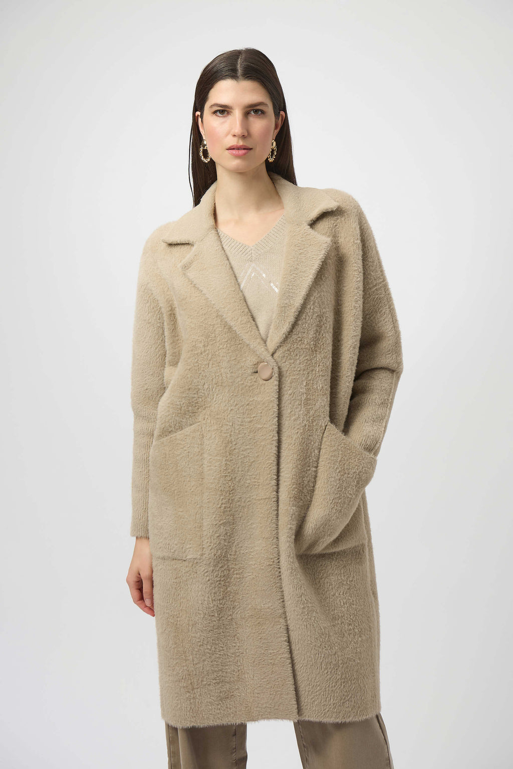 Pre- Order - Joseph Ribkoff Feather Yarn and Faux Fur Sweater Coat
254954 in Fawn