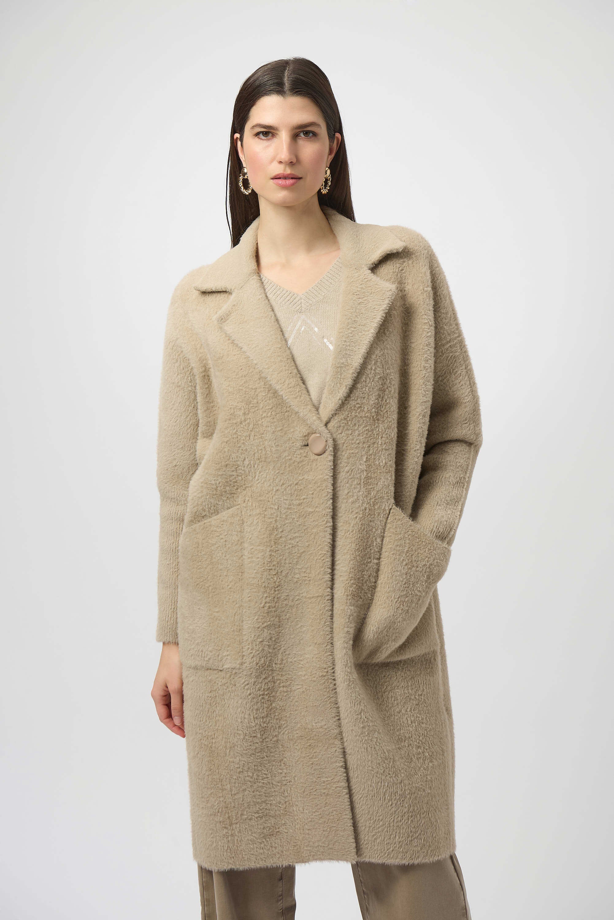 Pre- Order - Joseph Ribkoff Feather Yarn and Faux Fur Sweater Coat
254954 in Fawn