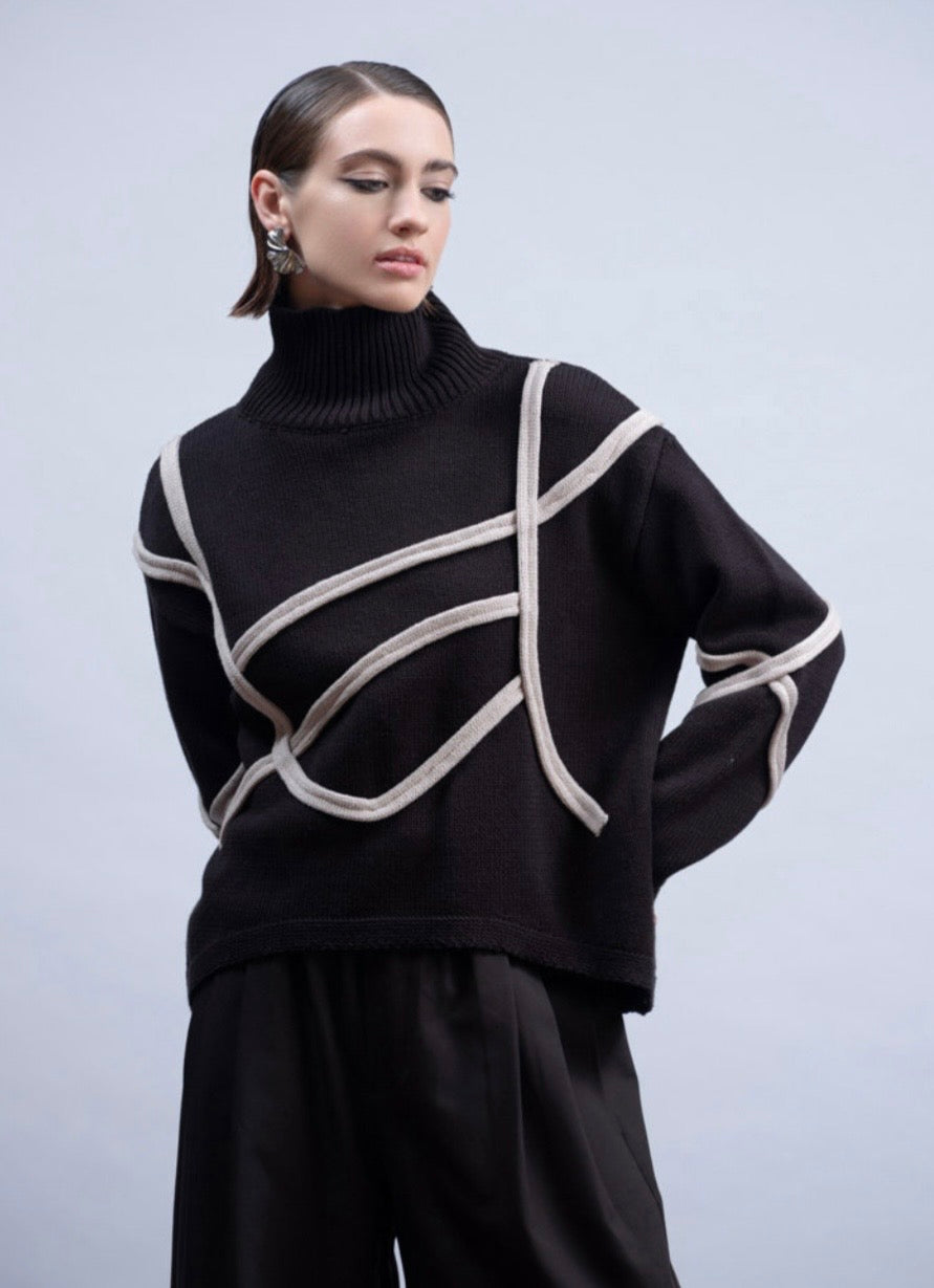 HAAKO Black Contrast Piping Knit Sweater – H2032