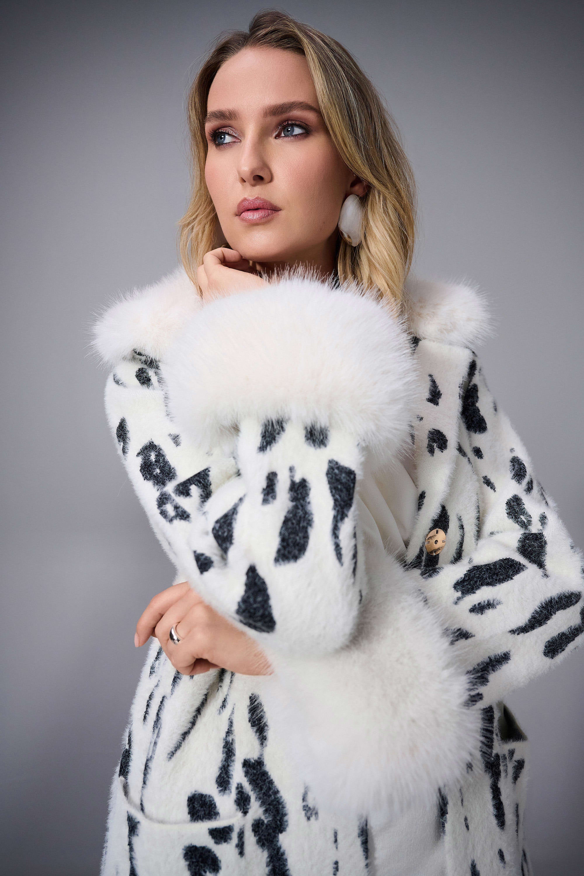 Joseph Ribkoff Feather Yarn Animal Jacquard Coat with Faux Fur Trim
253904