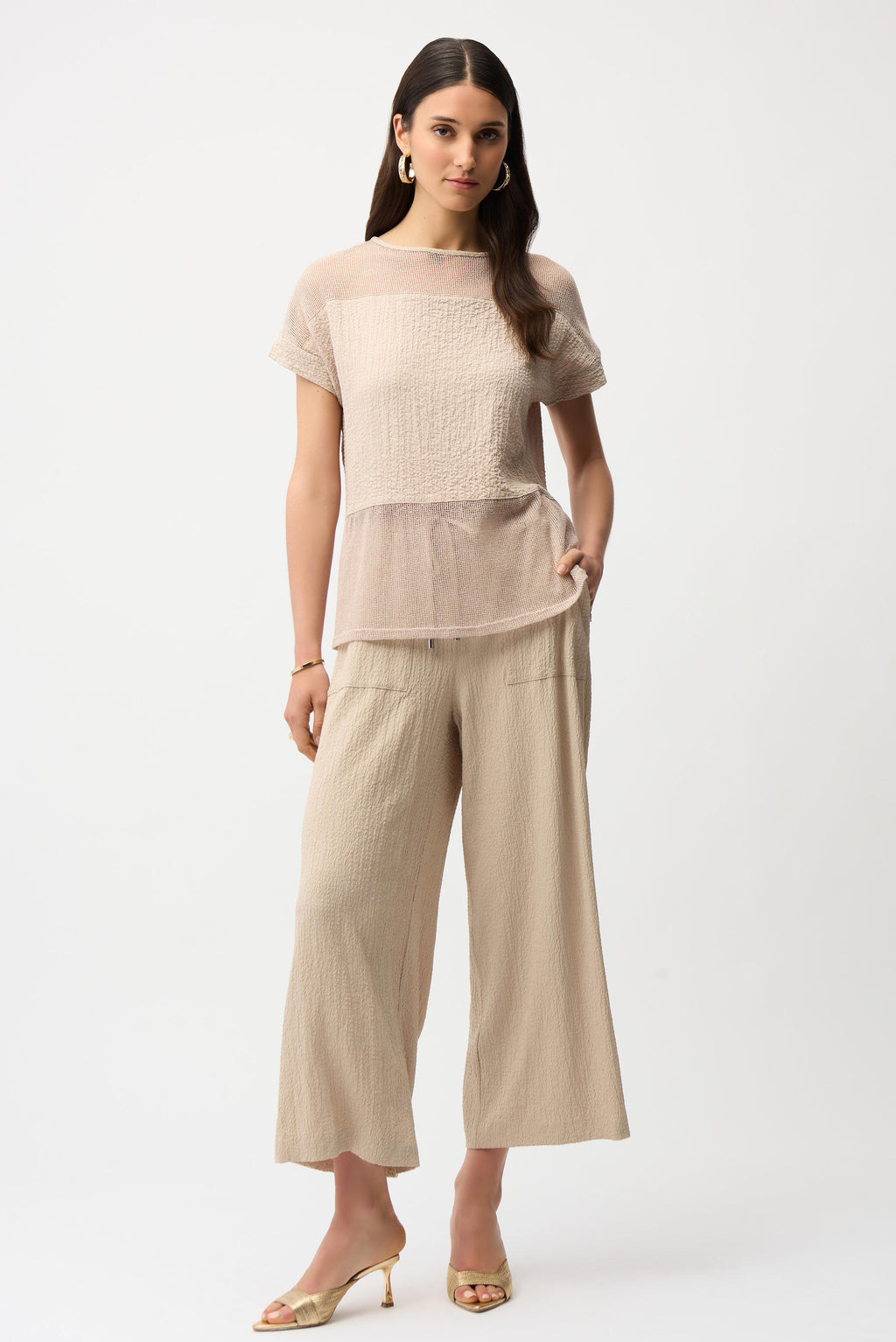 Joseph Ribkoff Seersucker and Mesh Boxy Top With Boat Neckline
261247