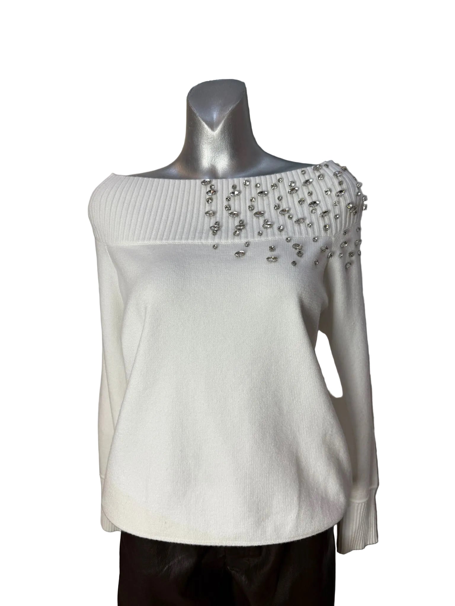 Malissa J White Embellished Knit Sweater – One Size