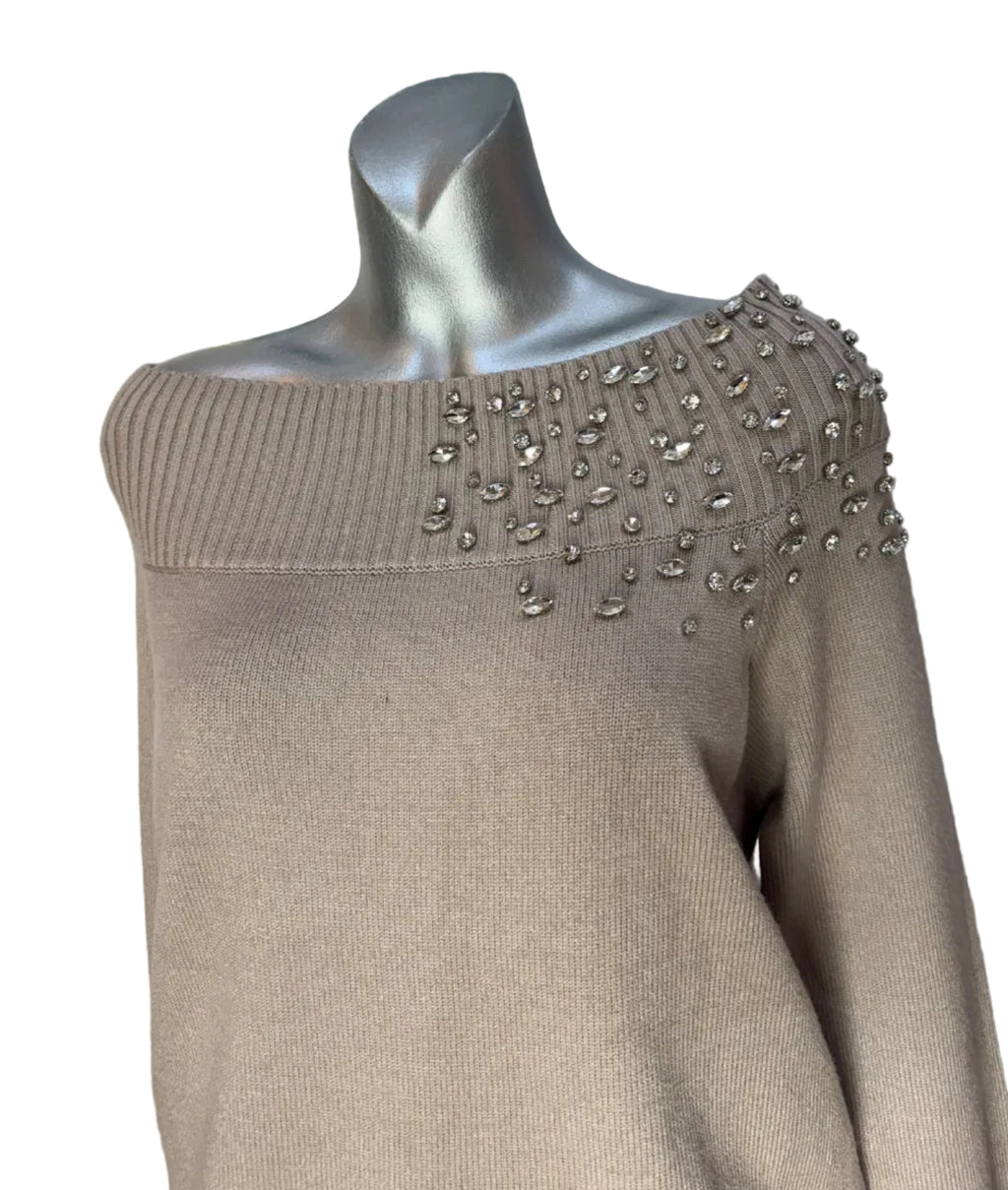 Malissa J Beige Embellished Off-Shoulder Knit Sweater – One Size
