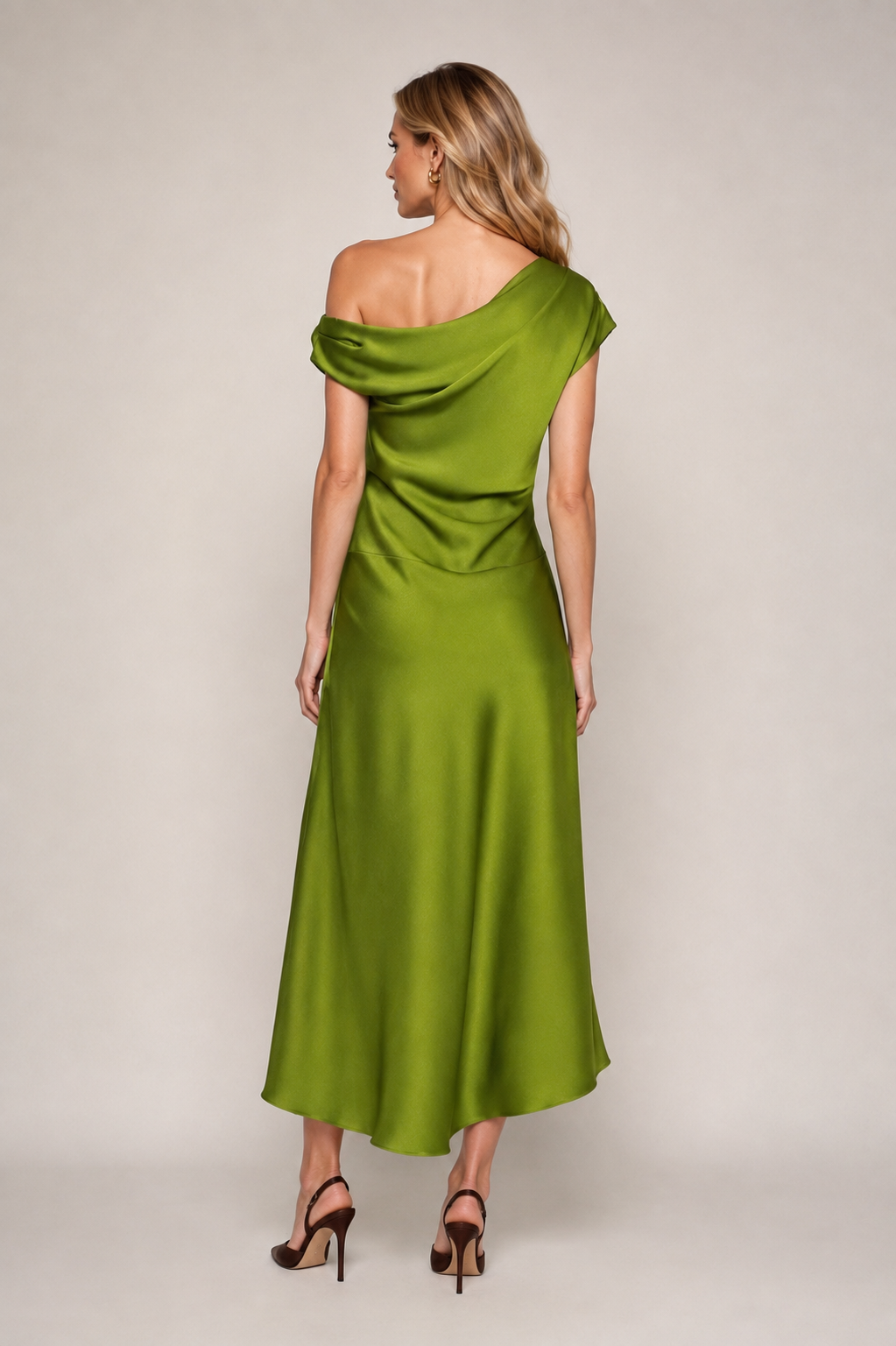 Carla Ruiz Green Satin Draped Midi Dress