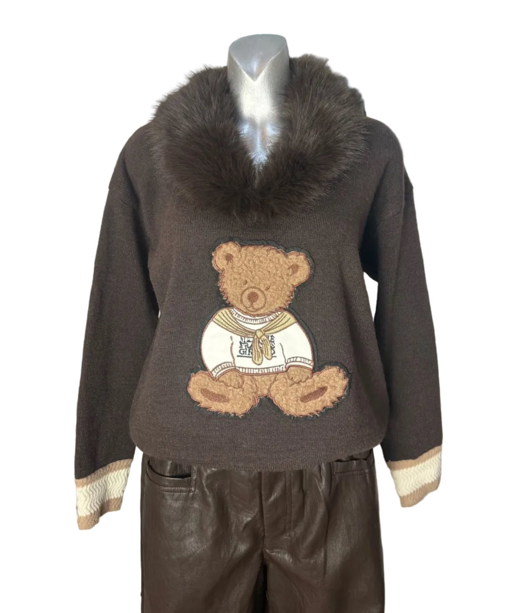 Azaka Paris Chocolate Teddy Knit Sweater with Faux Fur Collar – One Size