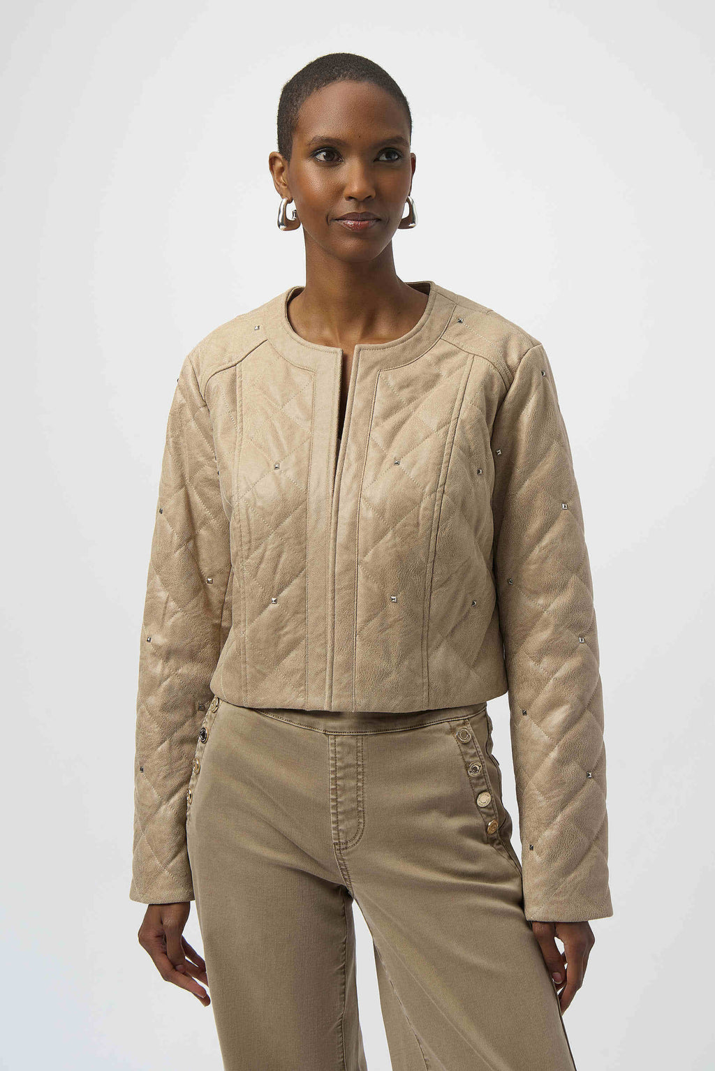 Joseph Ribkoff Foiled Faux Suede Diamond Quilt Studded Jacket
254929 in Fawn