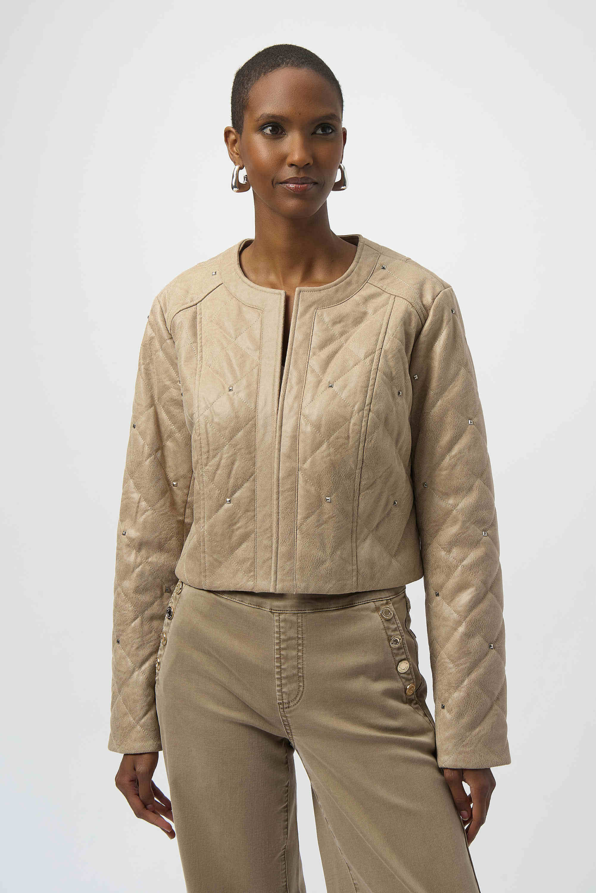 Joseph Ribkoff Foiled Faux Suede Diamond Quilt Studded Jacket
254929 in Fawn