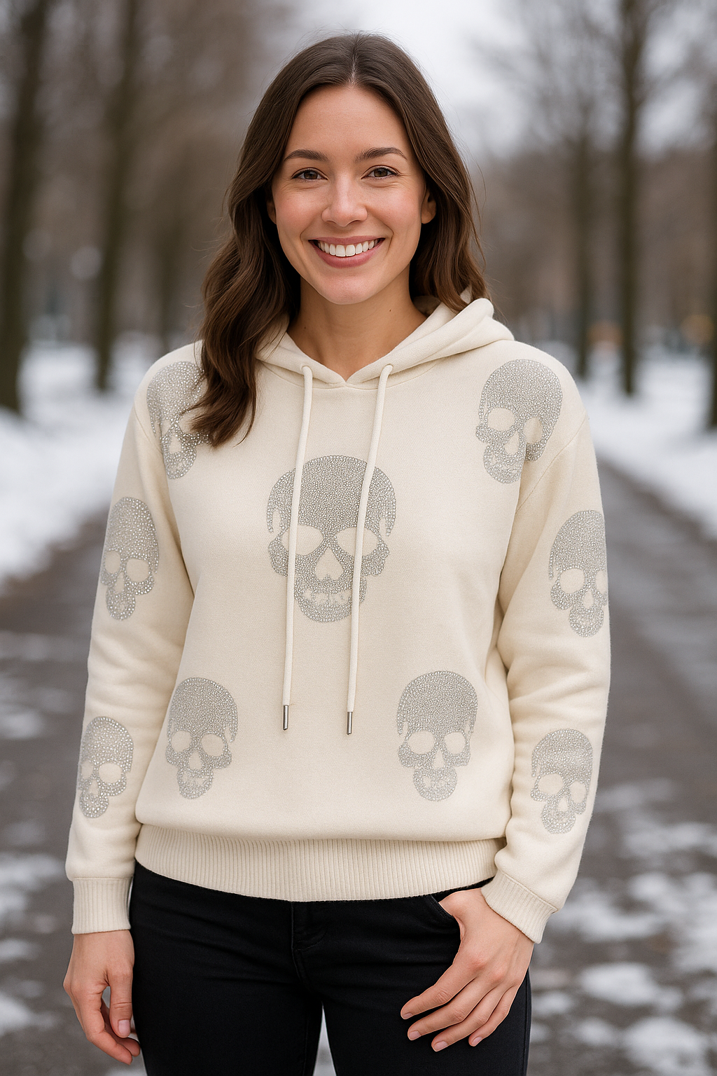 Miss Charm Paris Crystal Skull Hoodies, available in Winter White, Cream, or Camel