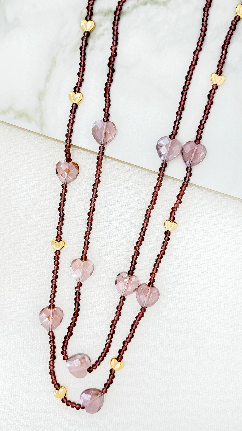 Envy 4508/PK/N/T Long Beaded Heart Necklace – Burgundy, Blush Pink & Gold
