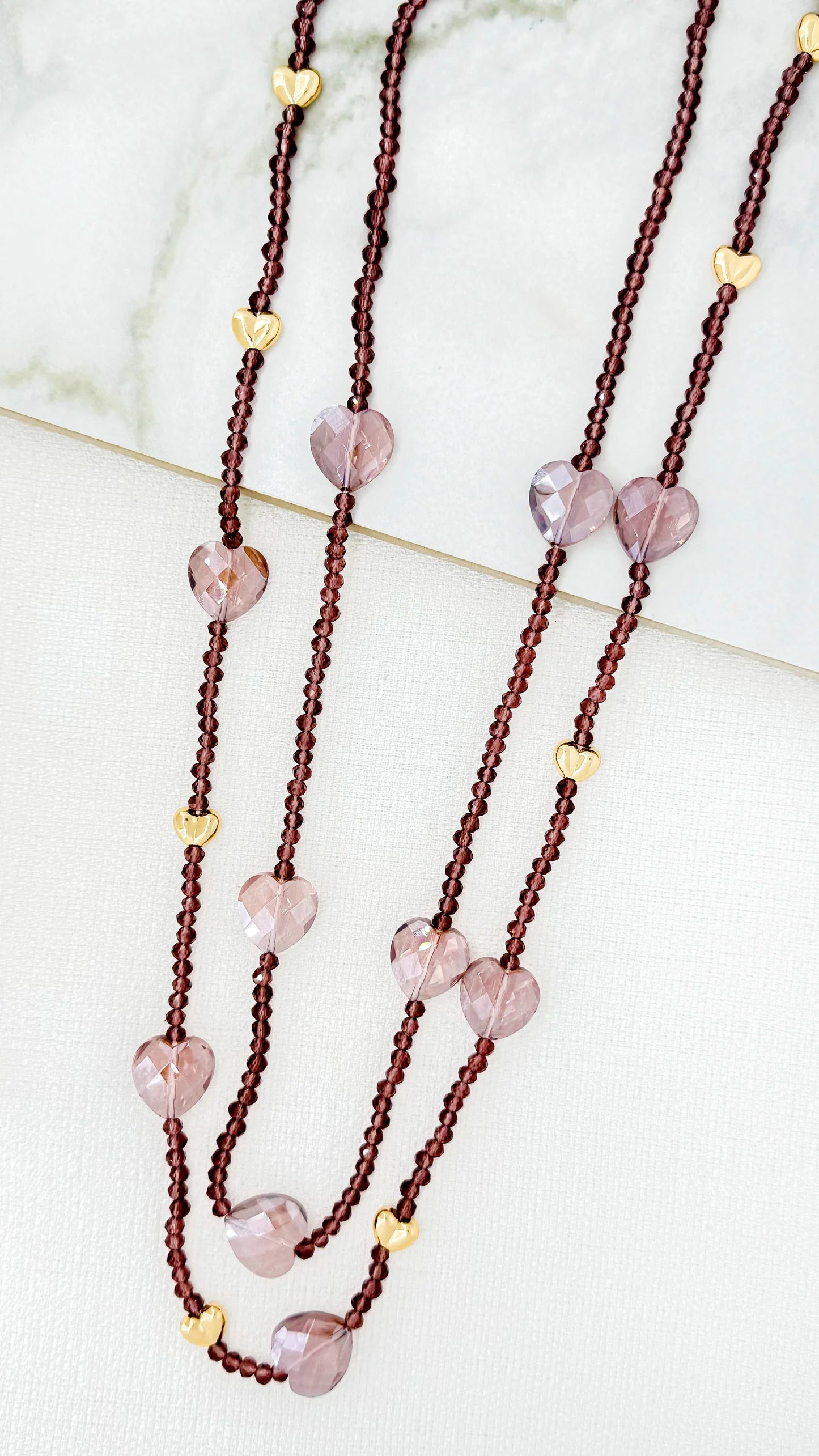 Envy 4508/PK/N/T Long Beaded Heart Necklace – Burgundy, Blush Pink & Gold