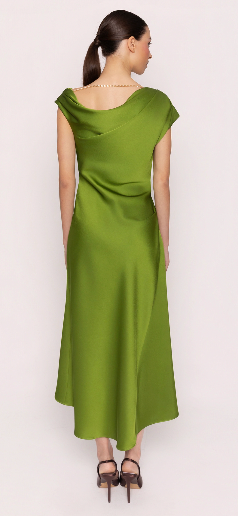 Carla Ruiz Green Satin Draped Midi Dress