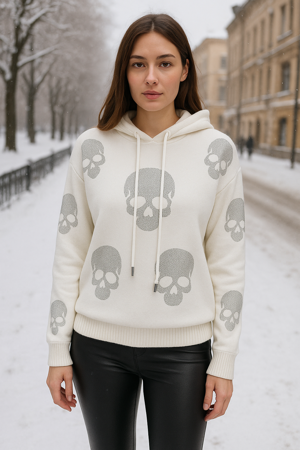 Miss Charm Paris Crystal Skull Hoodies, available in Winter White, Cream, or Camel