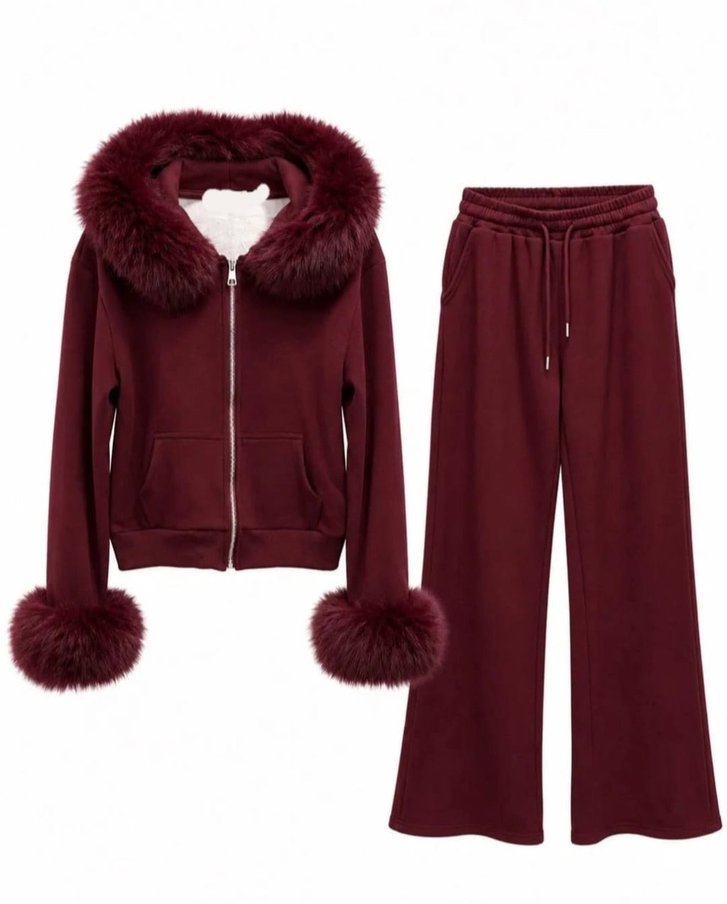 Flam Mode Luxury Two-Piece Lounge Set with Detachable Faux Fur – Burgundy