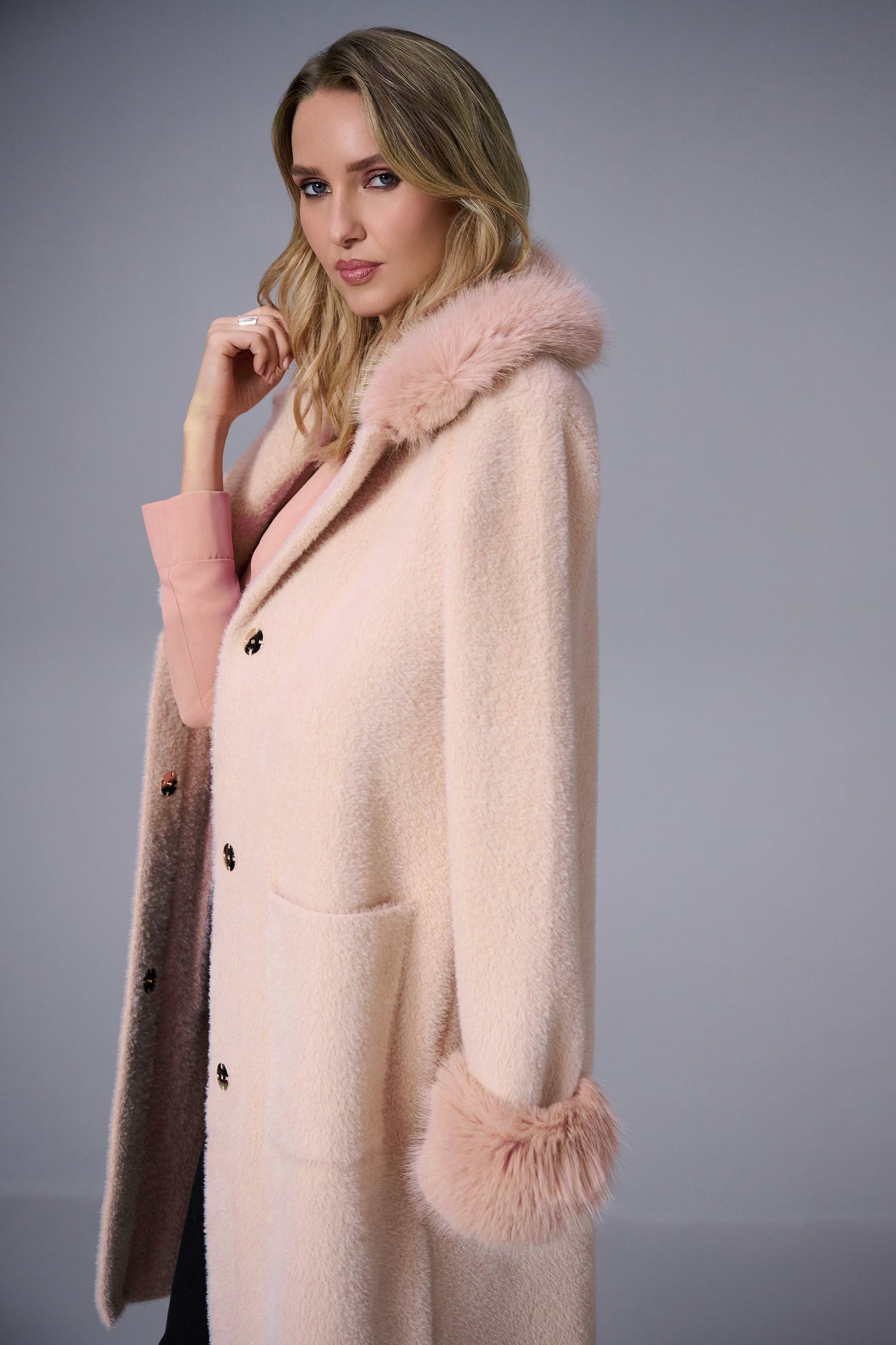 Joseph Ribkoff Feather Yarn and Faux Fur Sweater Coat
243923F25 in Rose