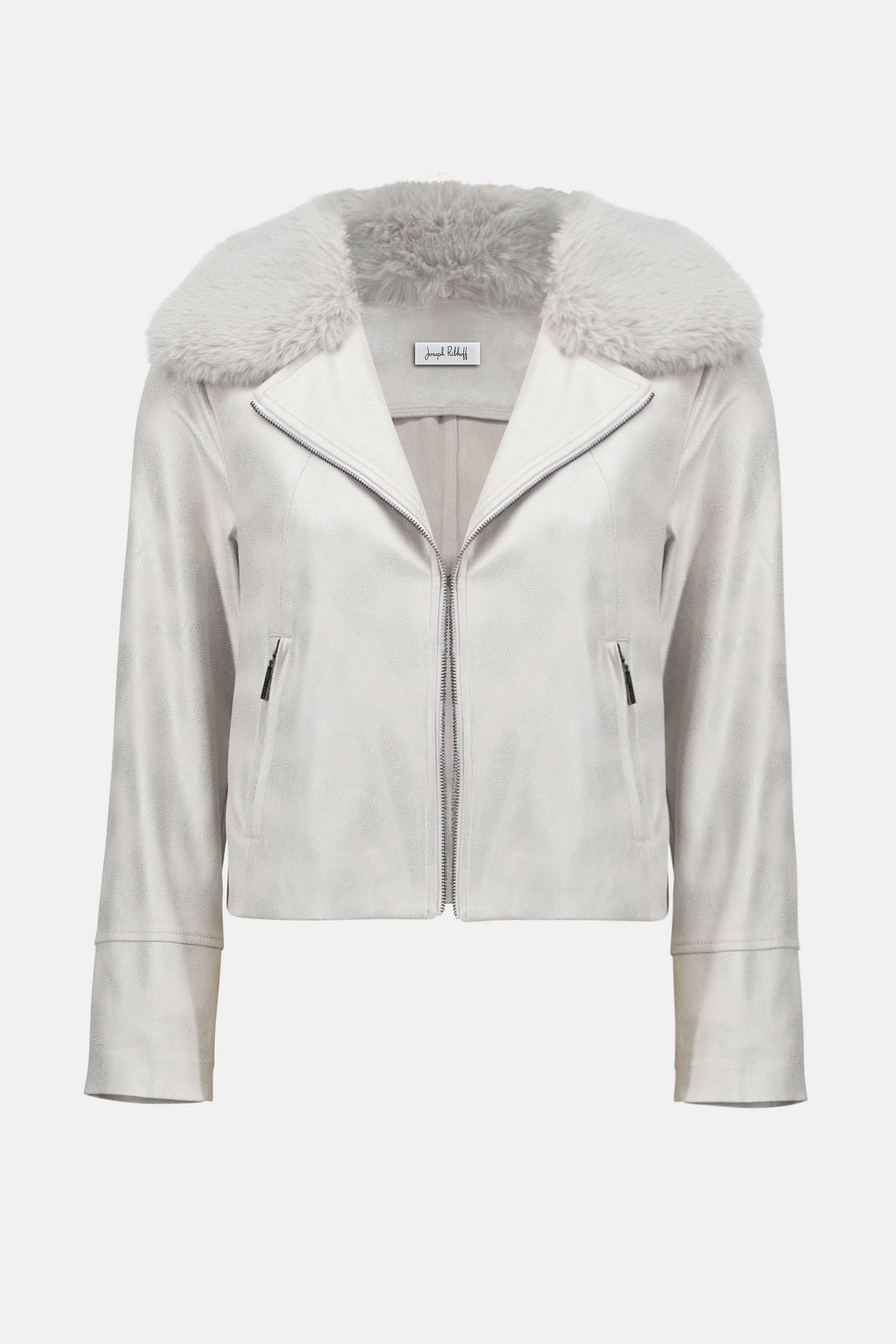 Joseph Ribkoff Foiled Suede Swing Jacket with Faux Fur Collar
253925 in Moonstone