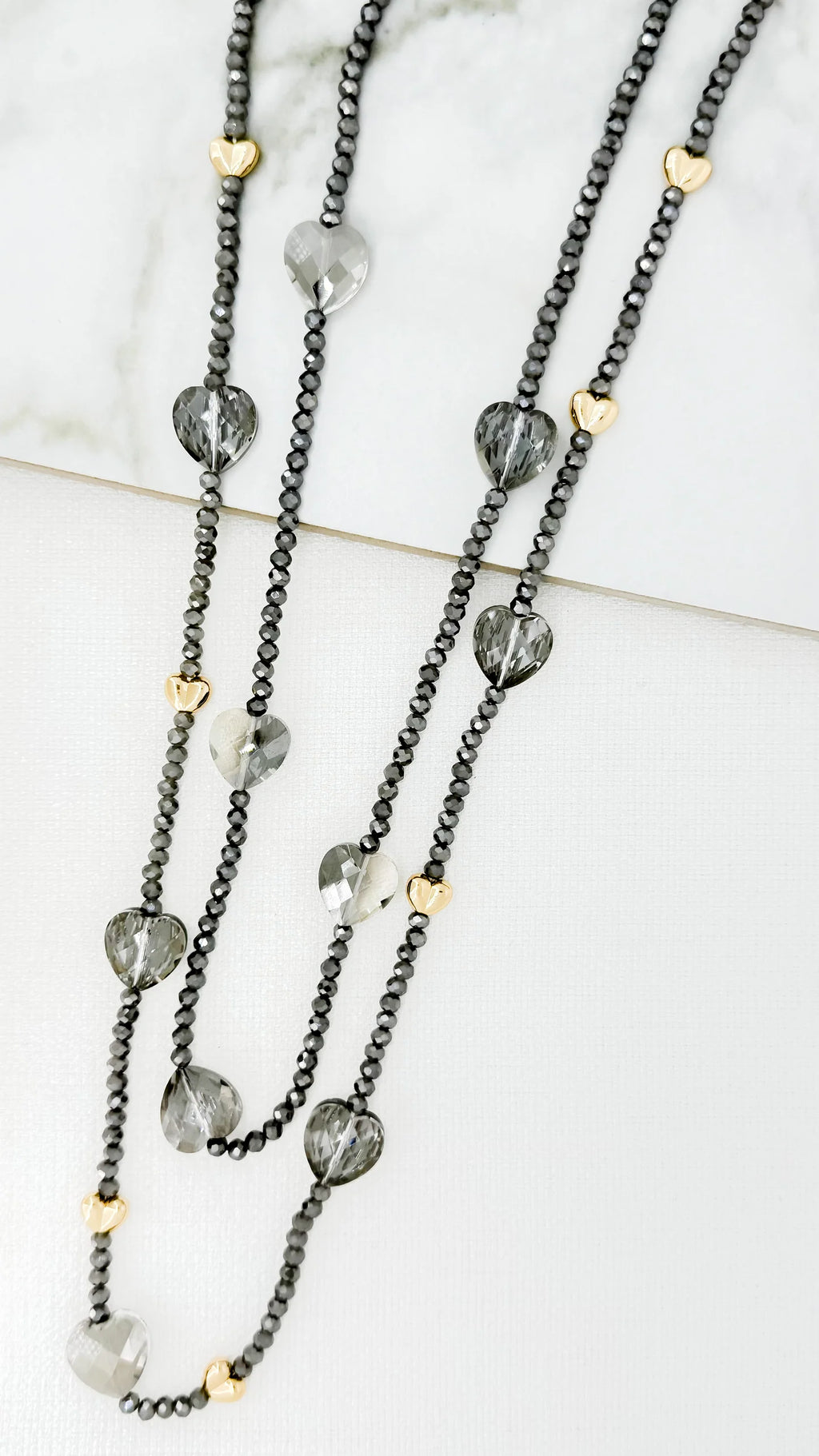 Envy 4508/GR/N/T Long Beaded Heart Necklace – Grey & Gold