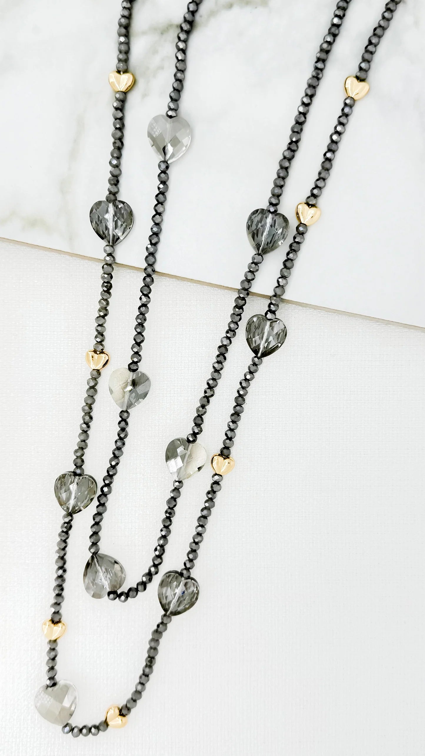 Envy 4508/GR/N/T Long Beaded Heart Necklace – Grey & Gold