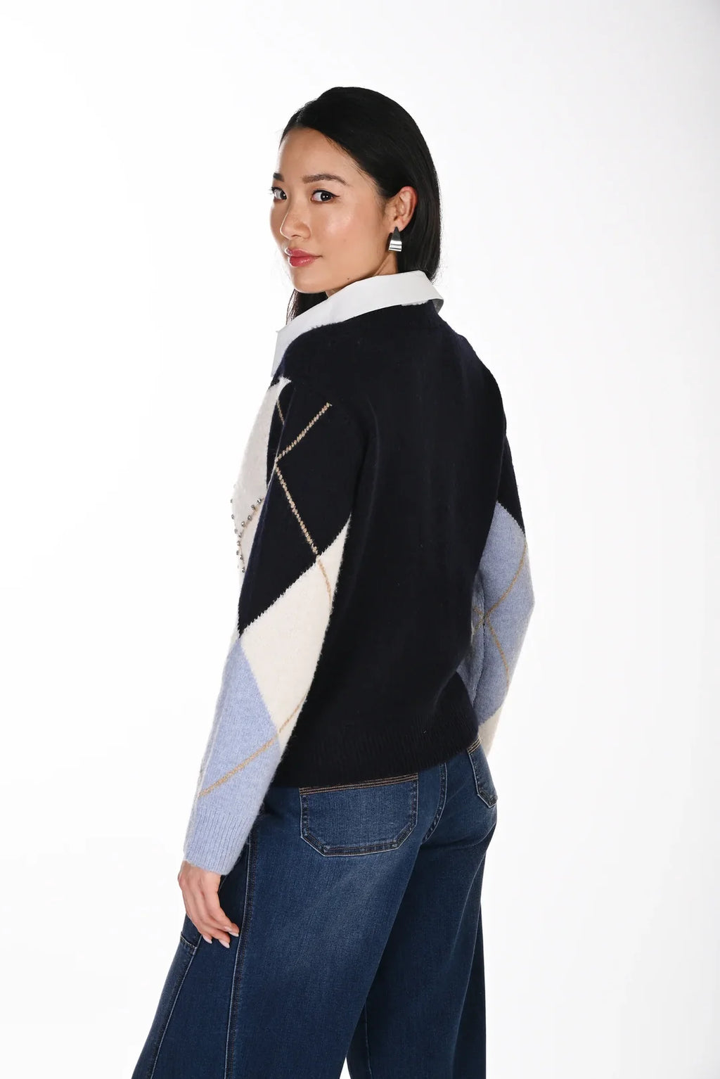 Frank Lyman 264853 – Embellished Argyle Knit Sweater in Black, Cream & Powder Blue
