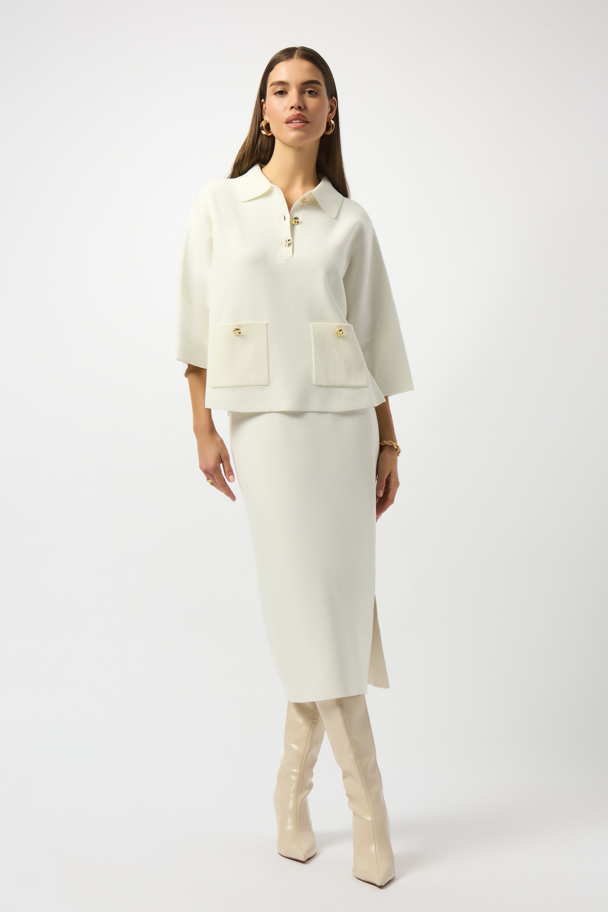 Pre-order -Joseph Ribkoff Sweater Knit Boxy Pullover With Polo Collar
253962 in Winter White