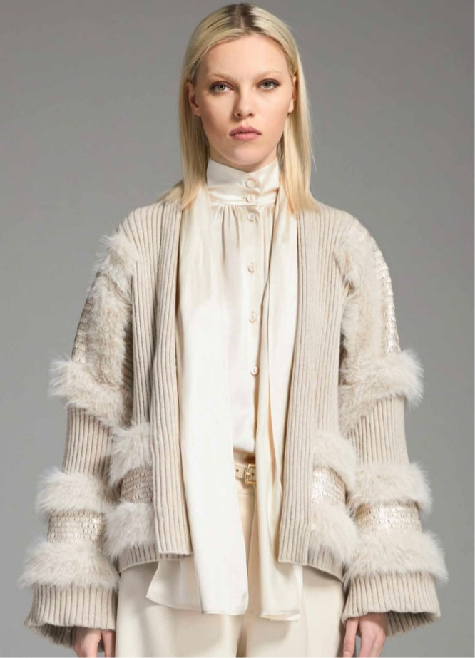 Tricot Chic Oyster Cardigan Jacket with Matte Sequins & Faux Fur Trim Style S150