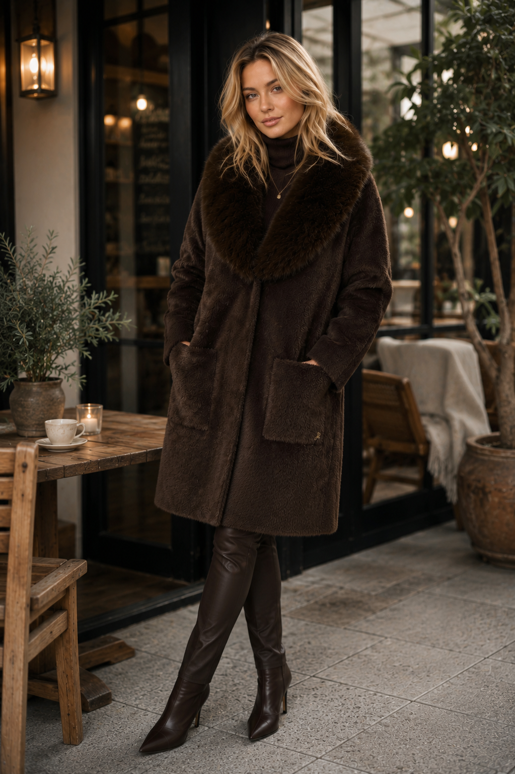 Joseph Ribkoff Feather Yarn Coat With Detachable Faux Fur Collar
263973 Mocha