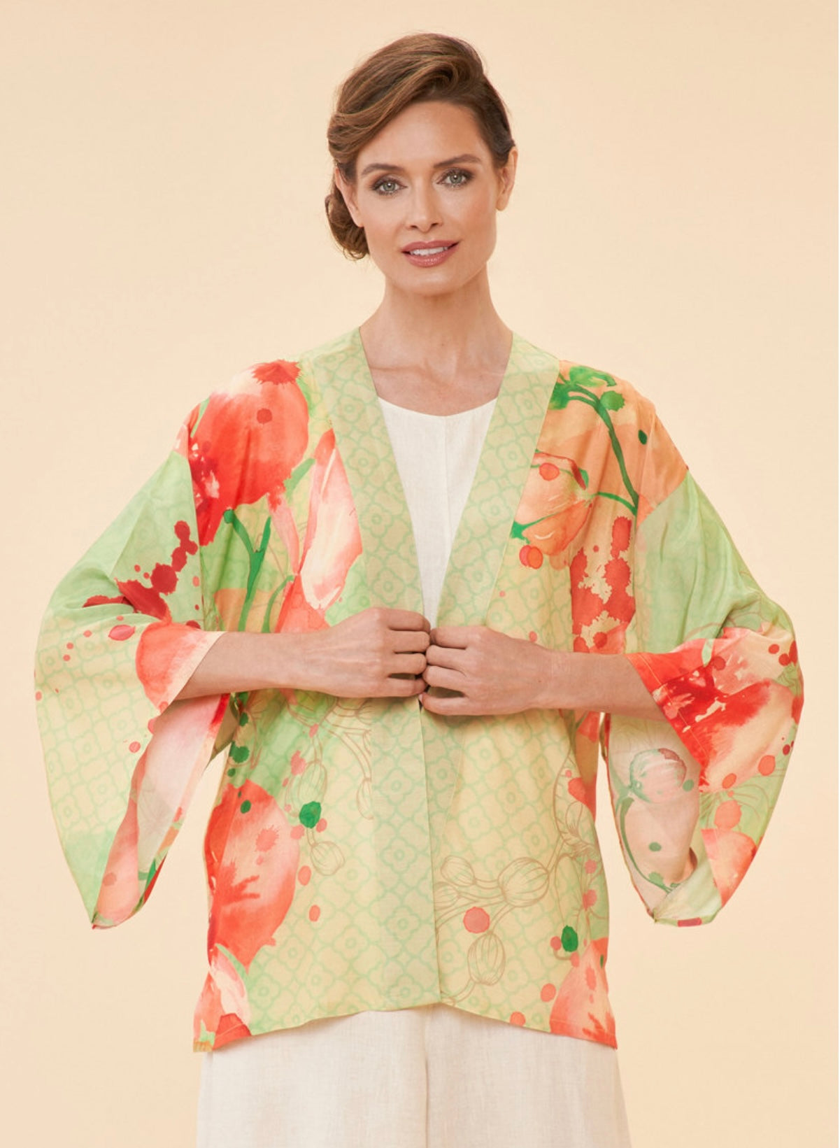 Powder - Watercolour Orchids Kimono Jacket - Light Green