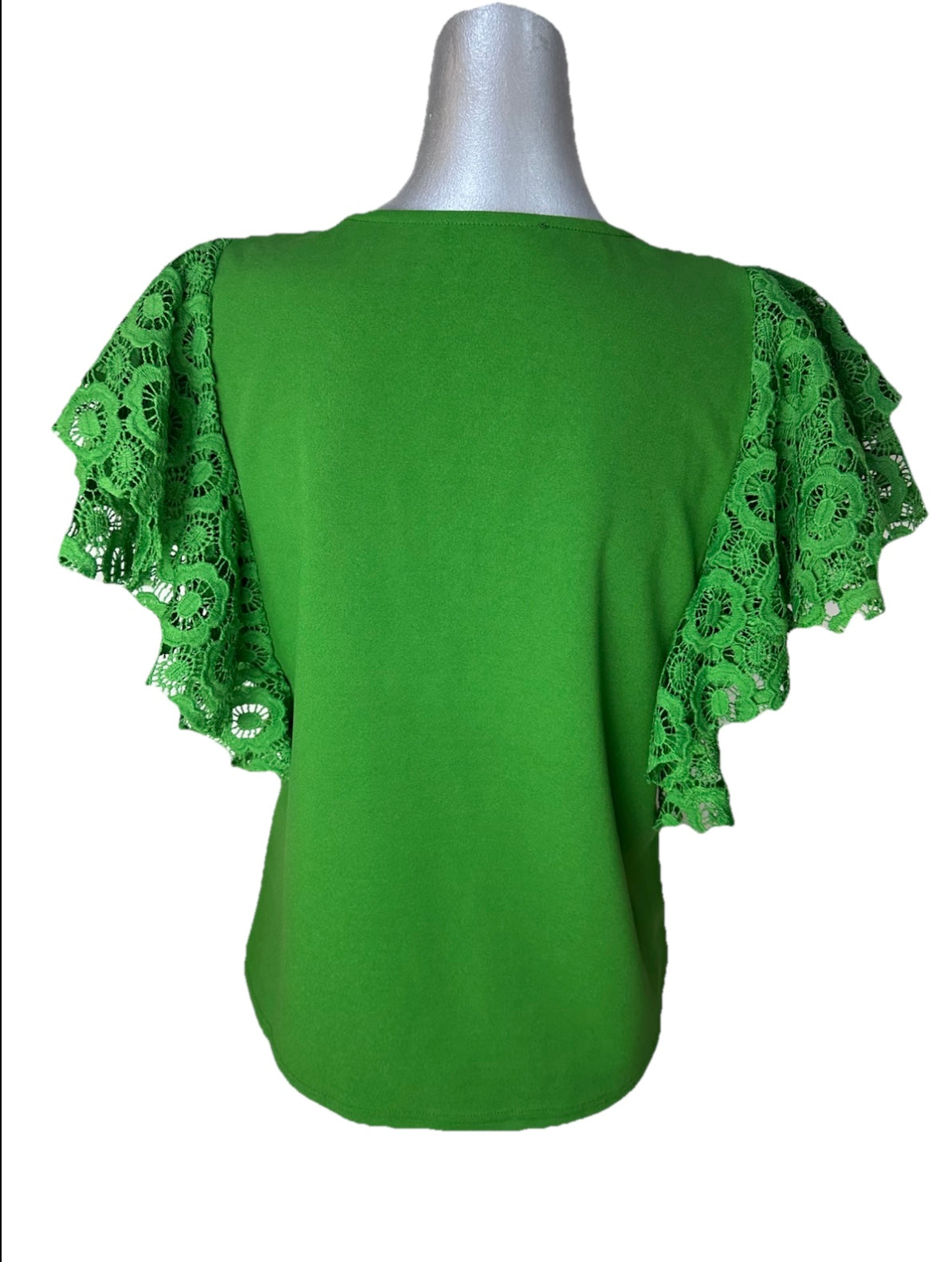 Malissa J Green V Neck Top with Lace Tiered Sleeves WF1705