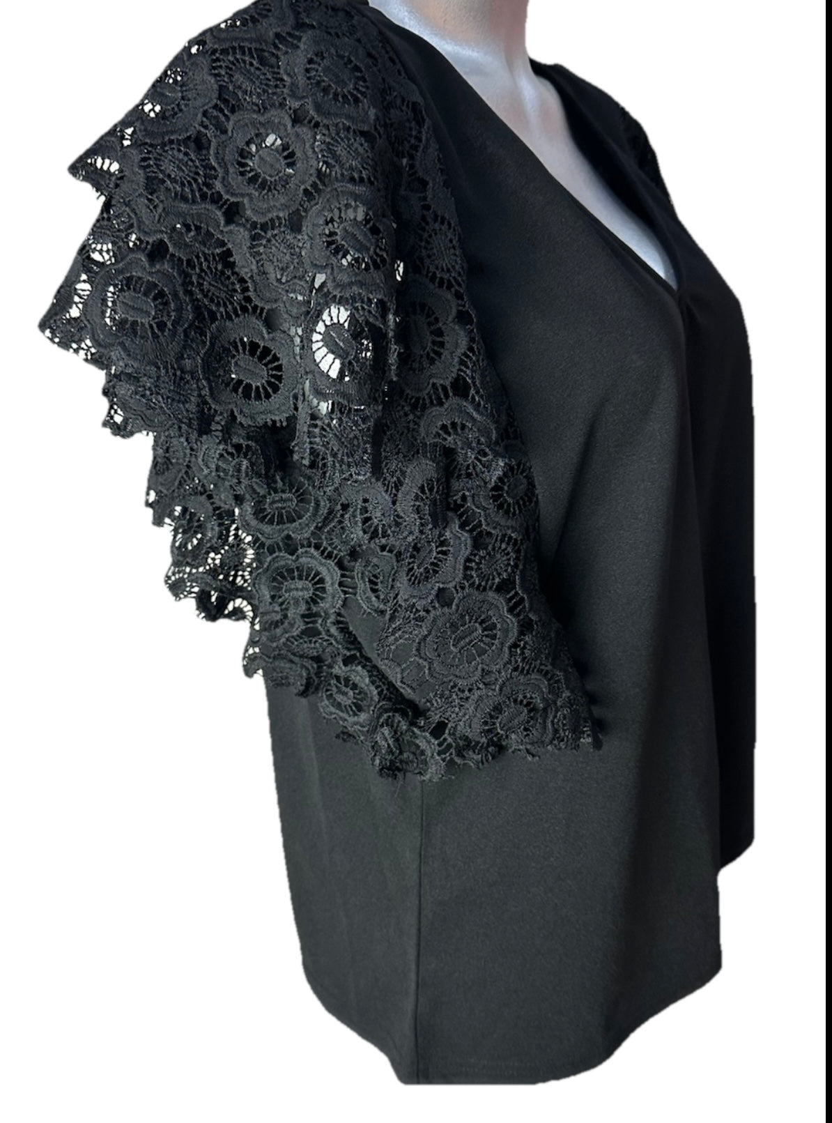 Malissa J Black V Neck Top With Tiered Lace Sleeves WF1705